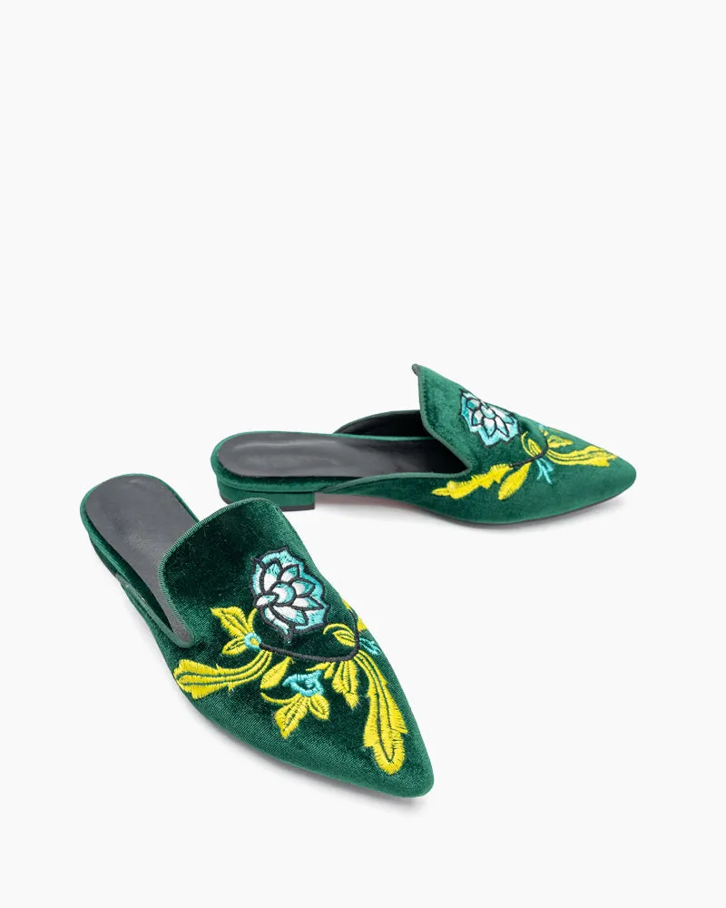 Embroidered Floral Flat Pointed Toe Mules