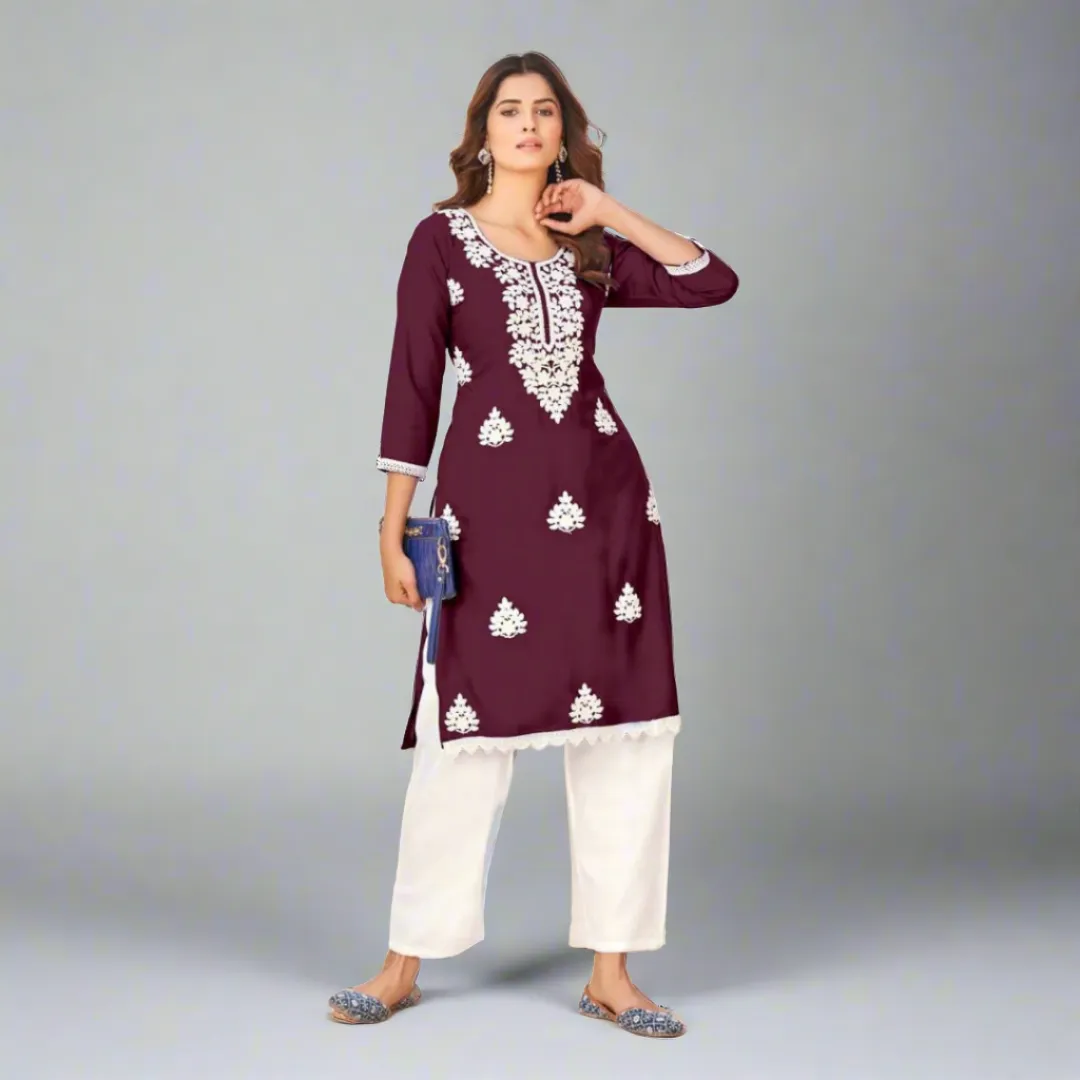 Embroidery Party wear Wine Women's Chikankari Kurti Palazzo Suit