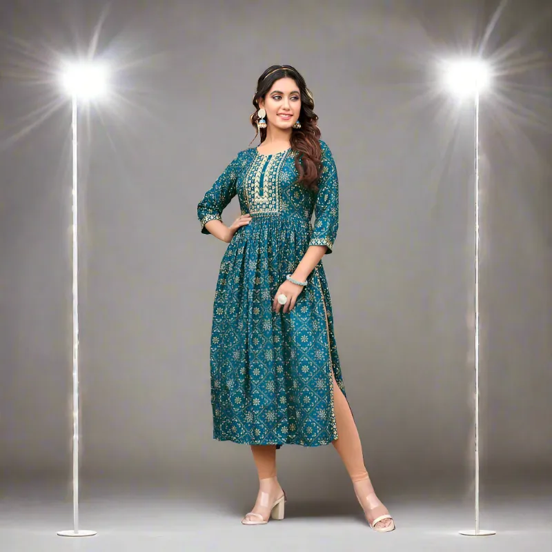 Embroidery Party Wear Women's Naira Cut Kurta Blue