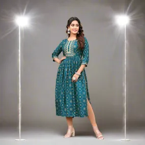 Embroidery Party Wear Women's Naira Cut Kurta Blue