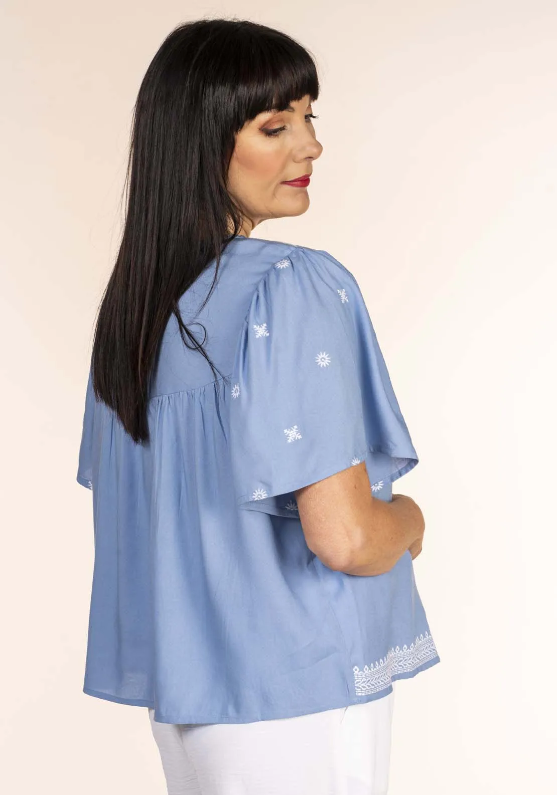 Embroidred Yoke Blouse - Blue