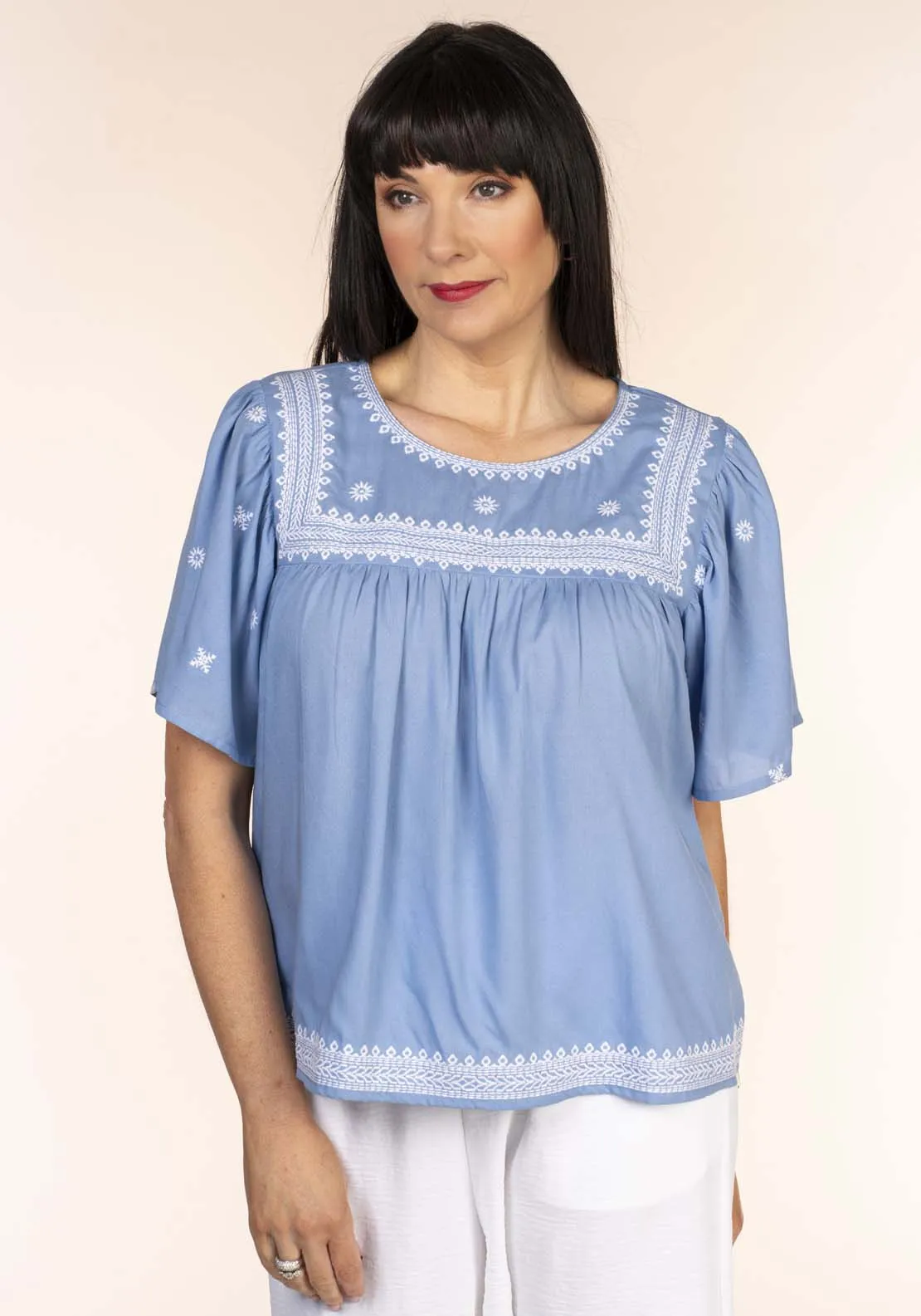 Embroidred Yoke Blouse - Blue