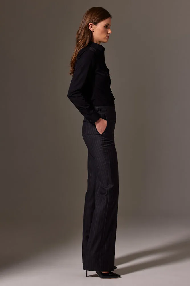 Emma Wide Leg Pant - Charcoal Pinstripe Wool