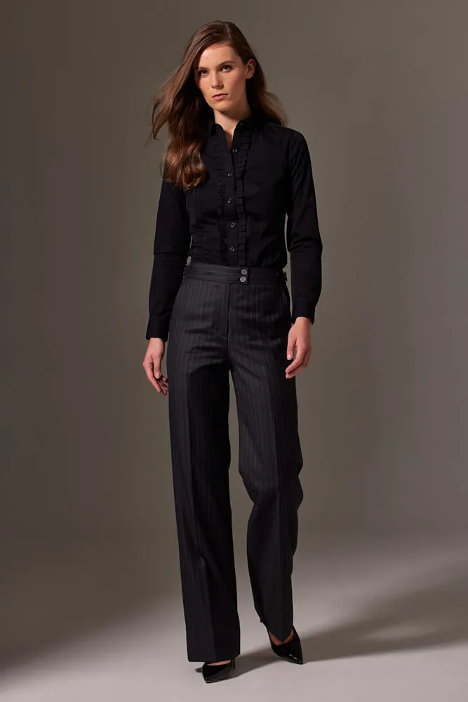 Emma Wide Leg Pant - Charcoal Pinstripe Wool