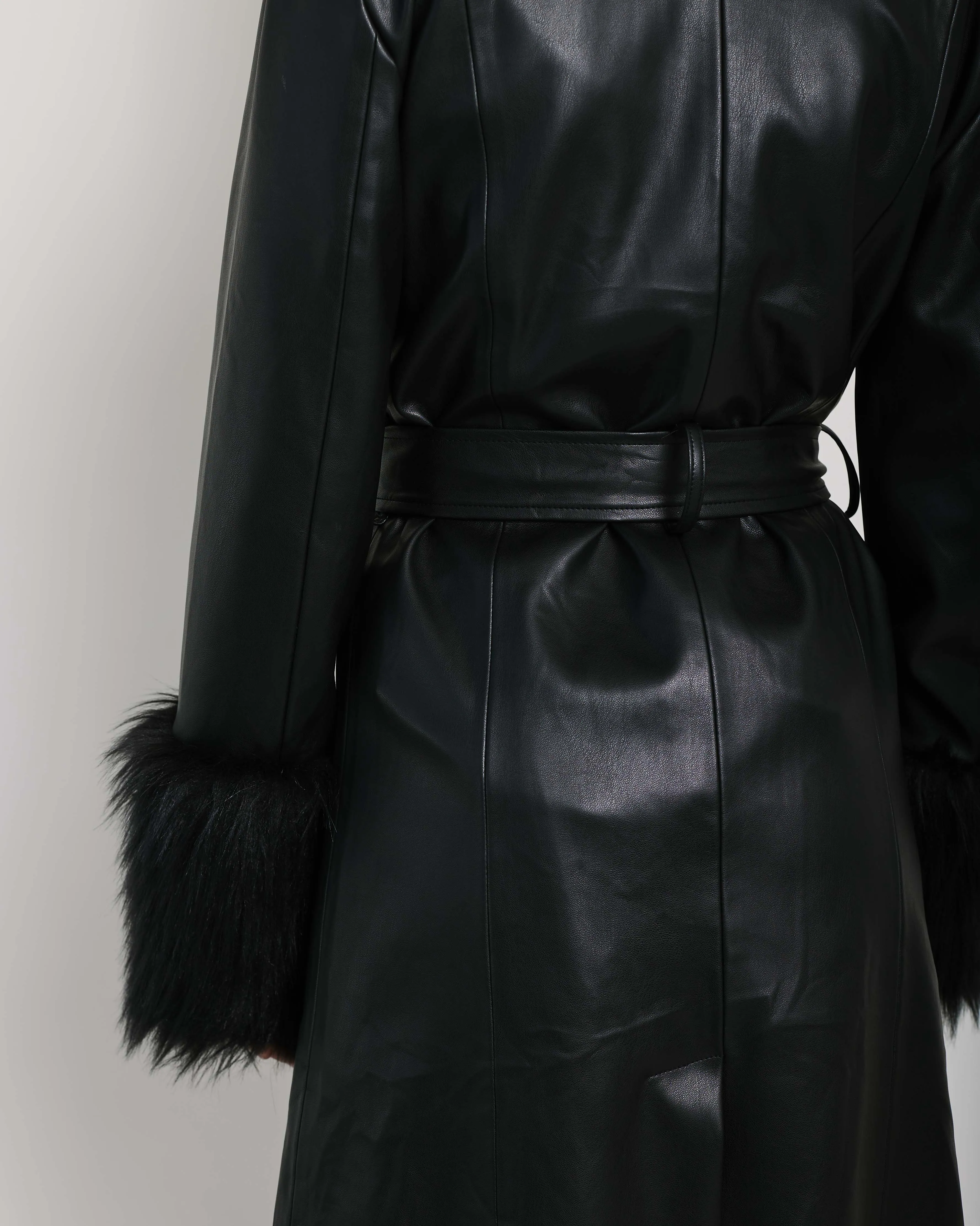 Faux Leather with Fur Collar and Cuff in Black