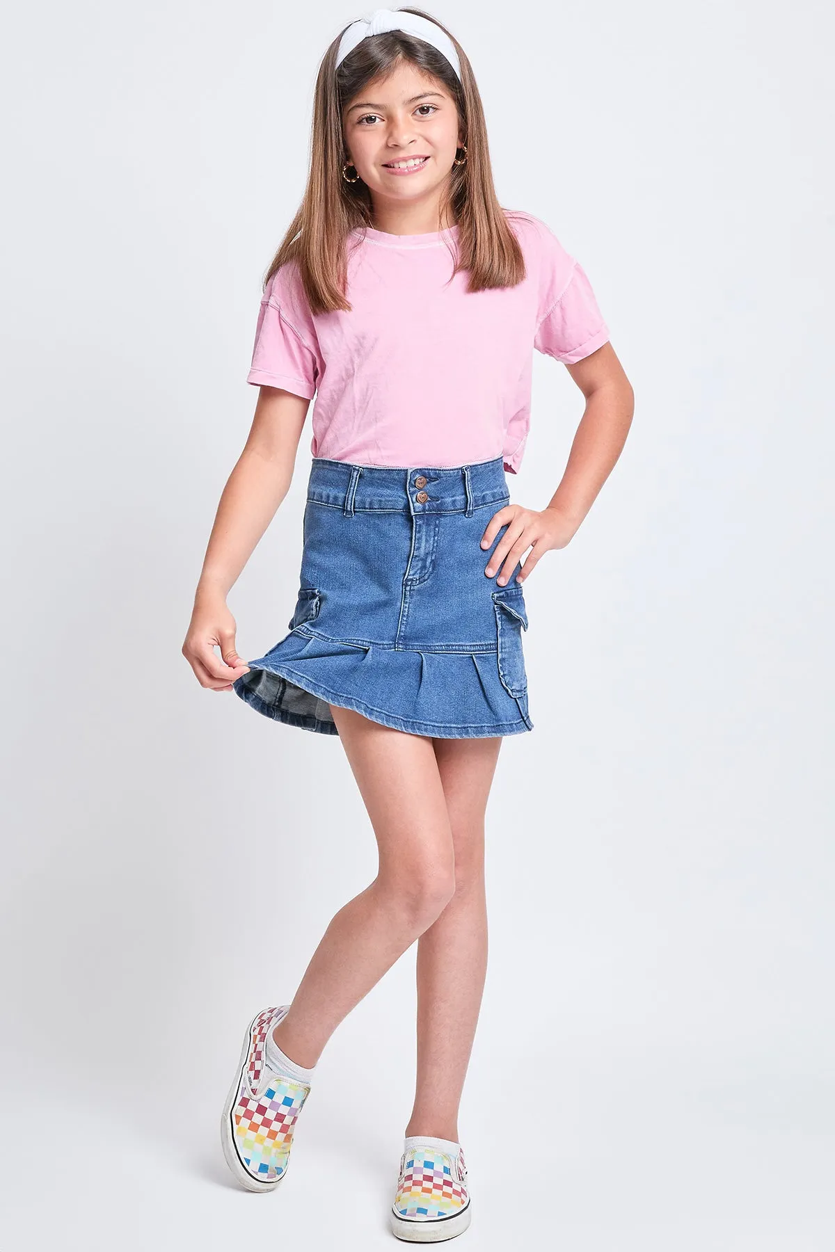 Girls Cargo Pleated Denim Mini Skirt