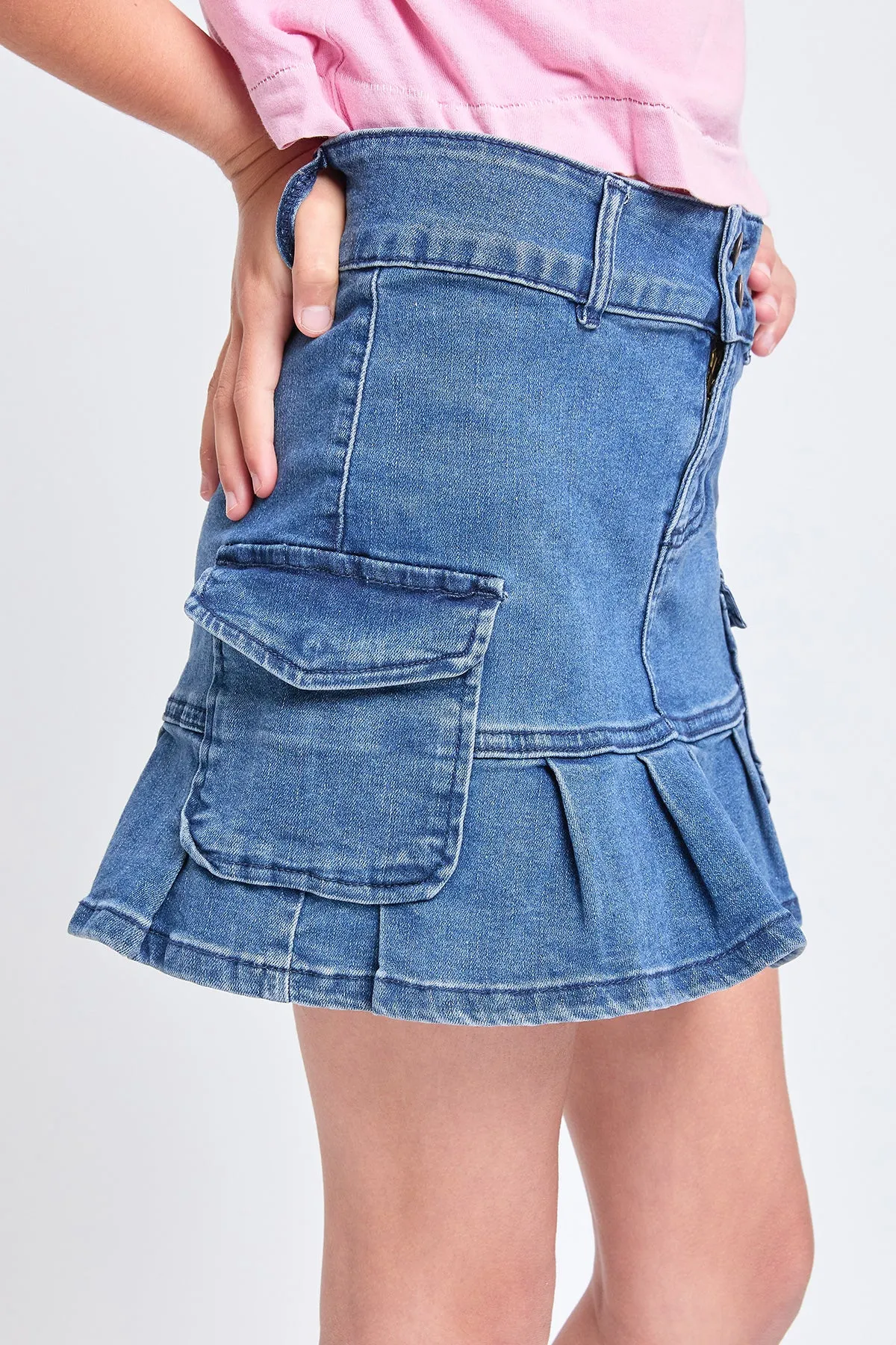 Girls Cargo Pleated Denim Mini Skirt