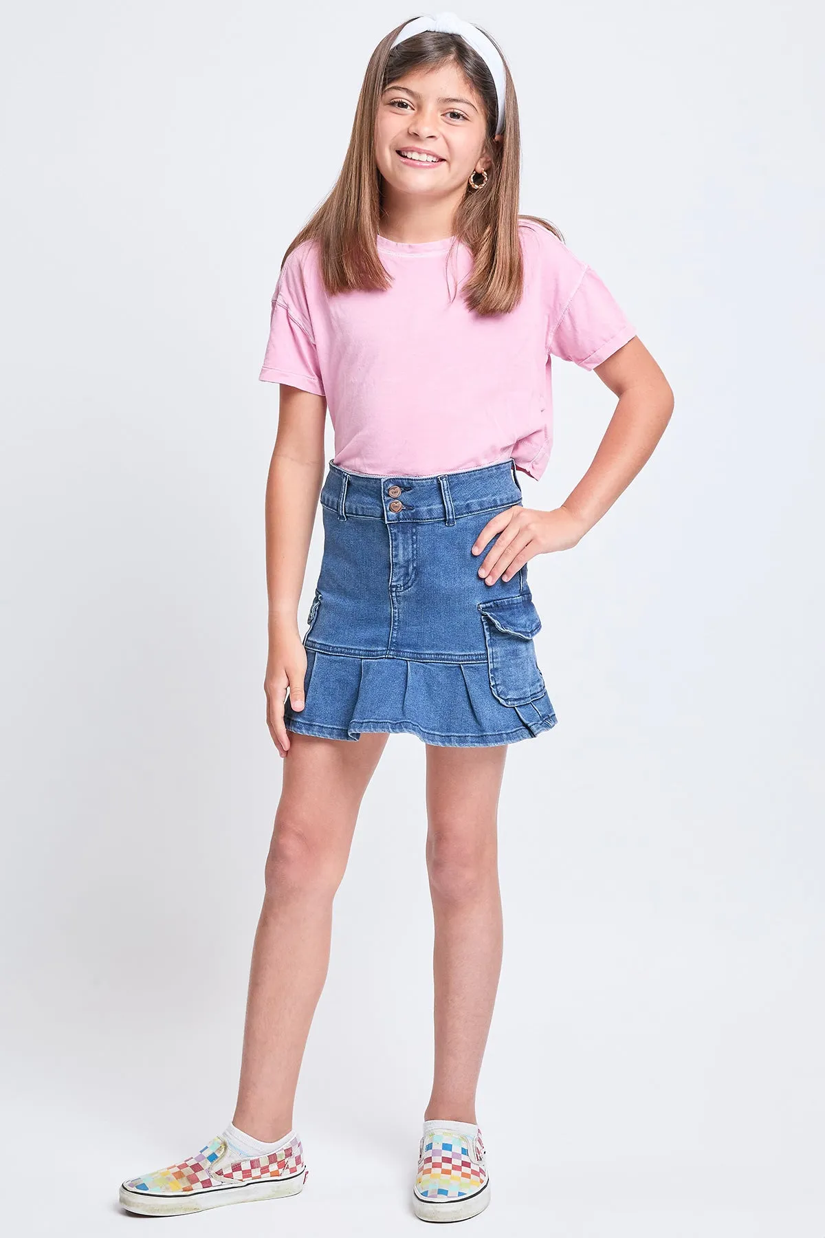 Girls Cargo Pleated Denim Mini Skirt