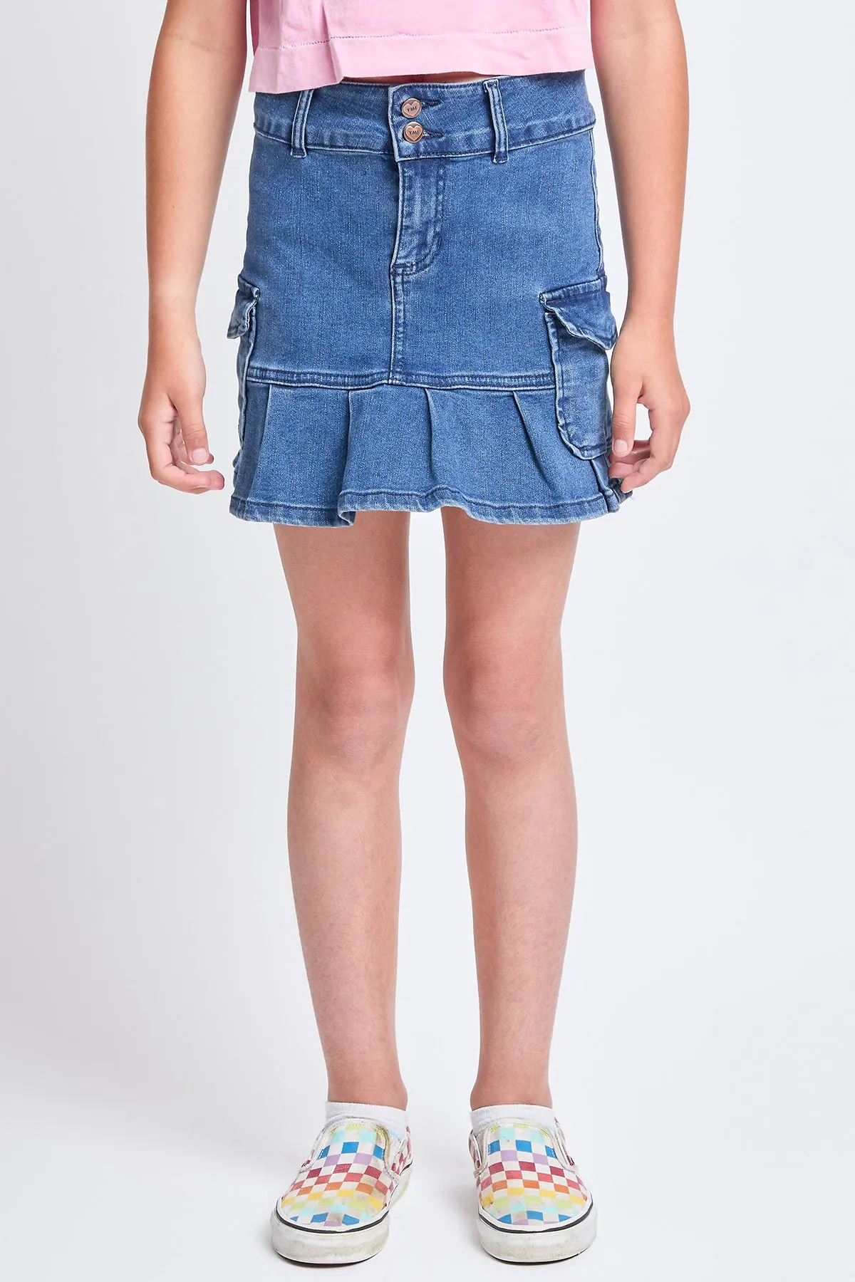 Girls Cargo Pleated Denim Mini Skirt