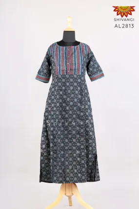 Girls Dark Blue Hand Block Kurti