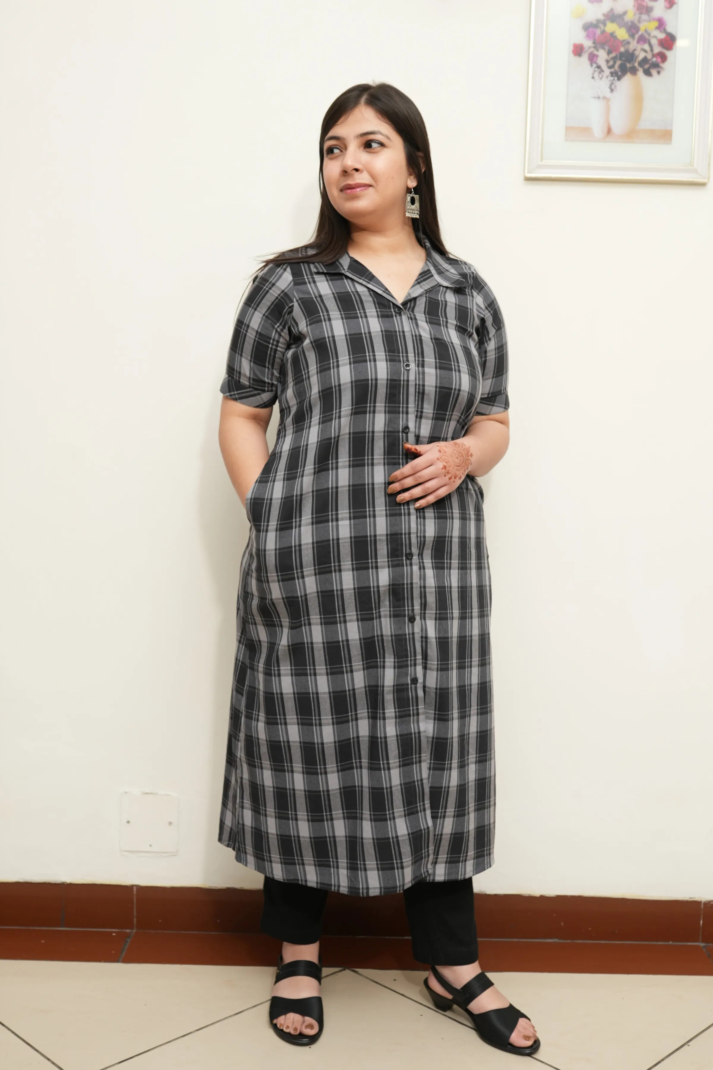 Graphite Grid Checked A-Line Kurta