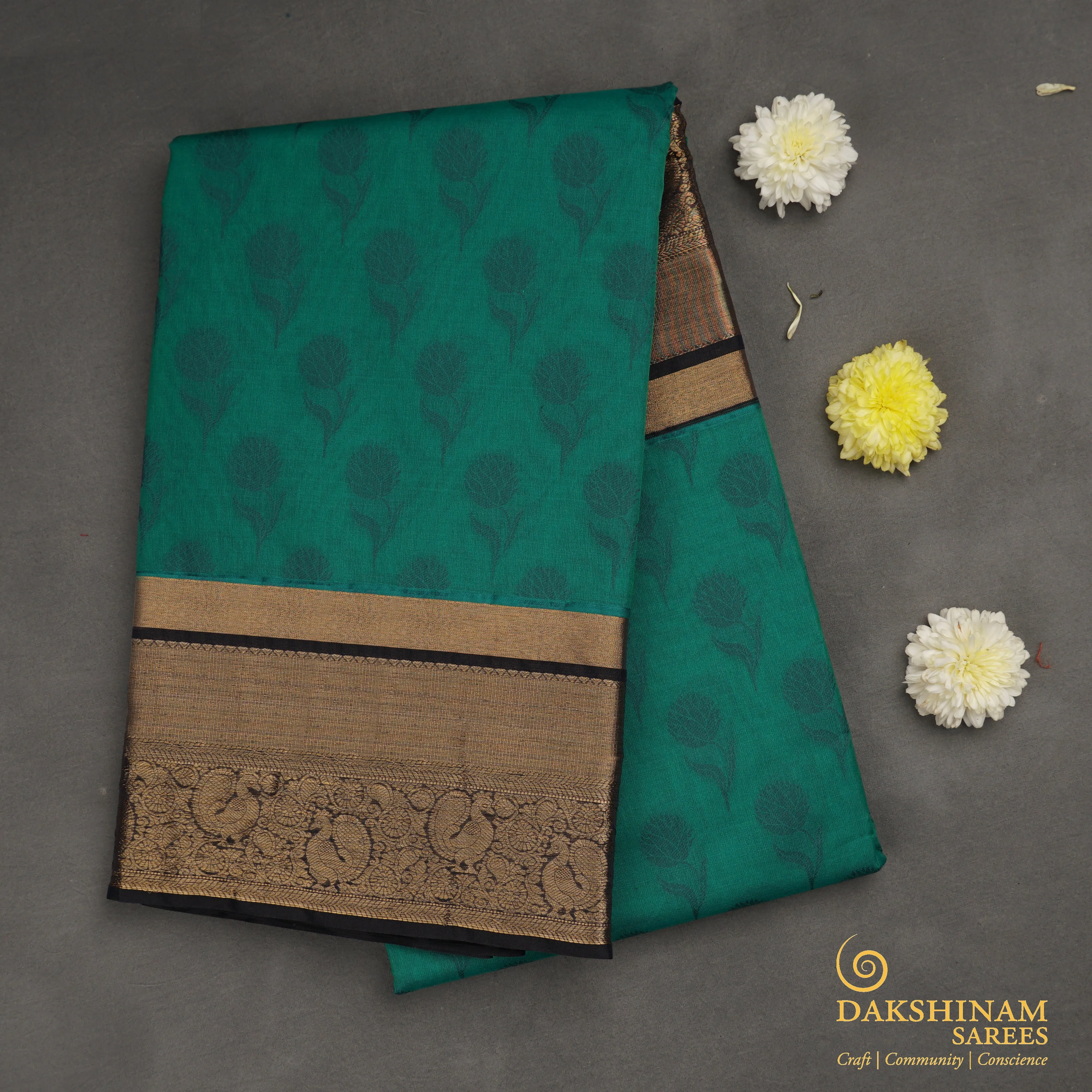 Handwoven Green with Black Silk Cotton Saree - 1723T007469DSC