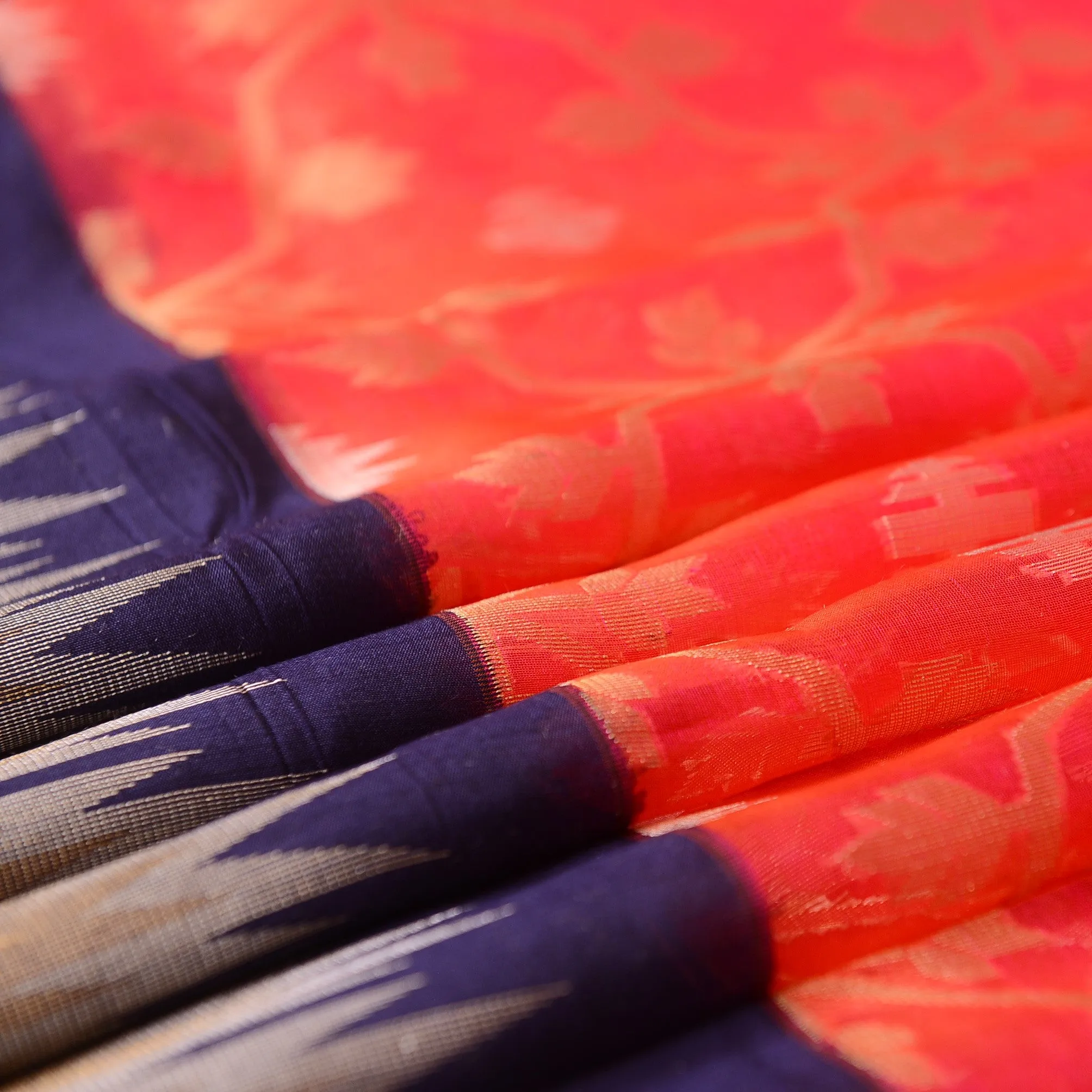 Handwoven Orange with Blue Kora Silk Saree - 289N014560DSJ