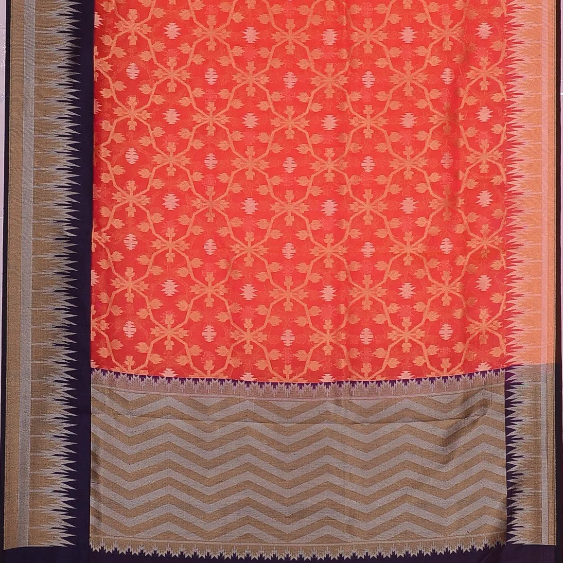 Handwoven Orange with Blue Kora Silk Saree - 289N014560DSJ