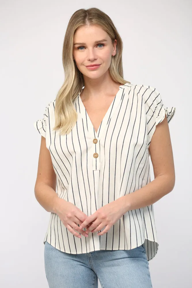 Linen Stripe Split Neck Top