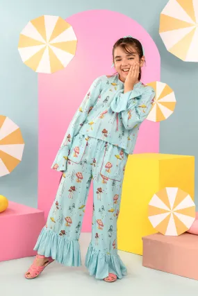 Magpie- Aqua Blue Printed Coord Set For Girls