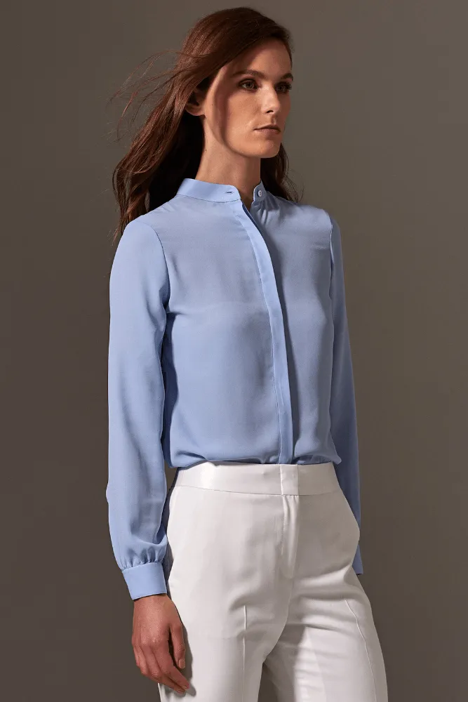 Margot Stand Collar Blouse - Sky Blue Silk Stretch