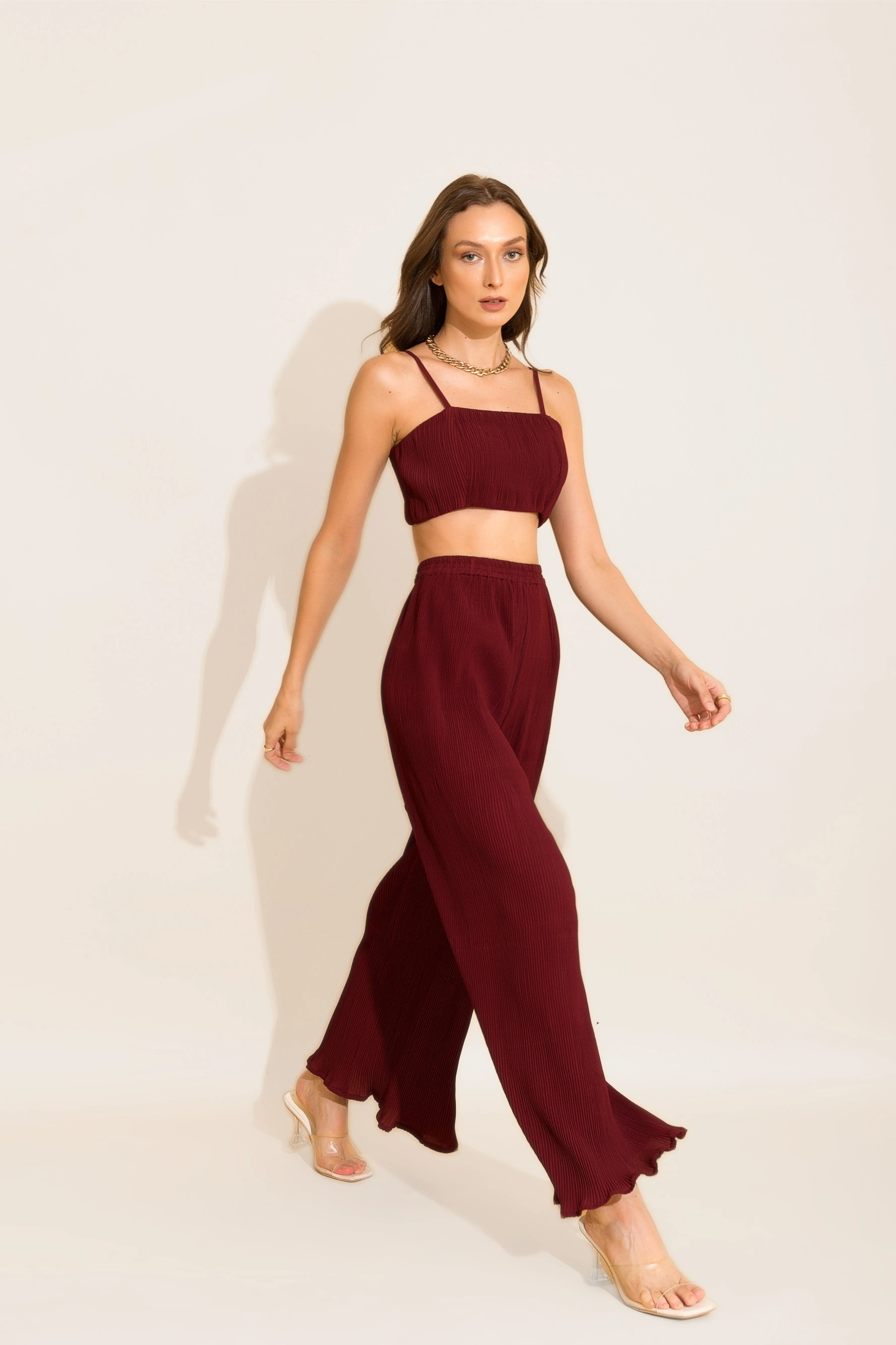 Maroon Micro-pleated Loungewear Co-ord Set