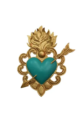 MEXICAN FOLK ART TURQUOISE TIN HEART WITH ARROW