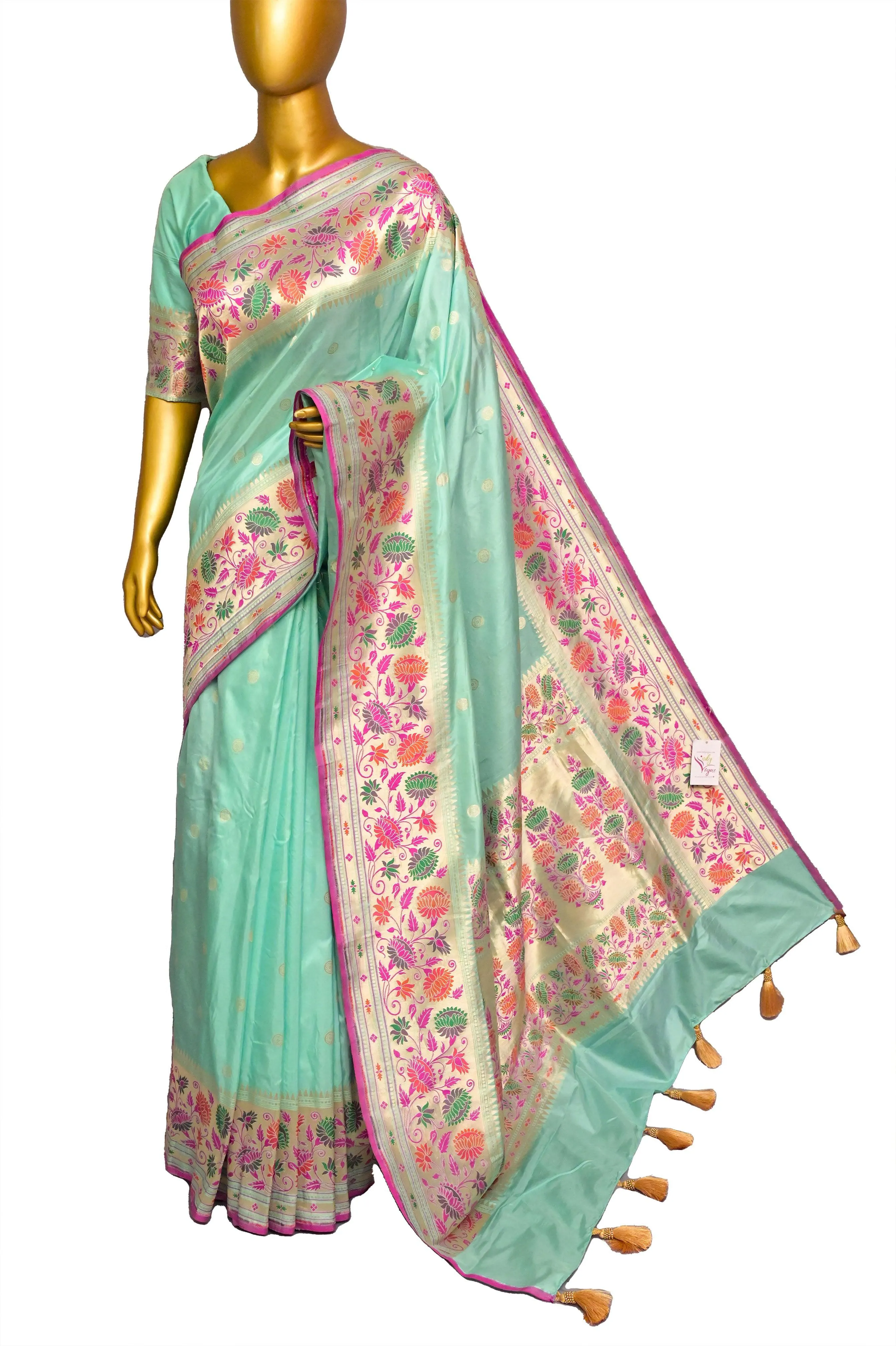 Mint Green Color Pure Katan Banarasi Saree with Meenakari & Paithani Design Border