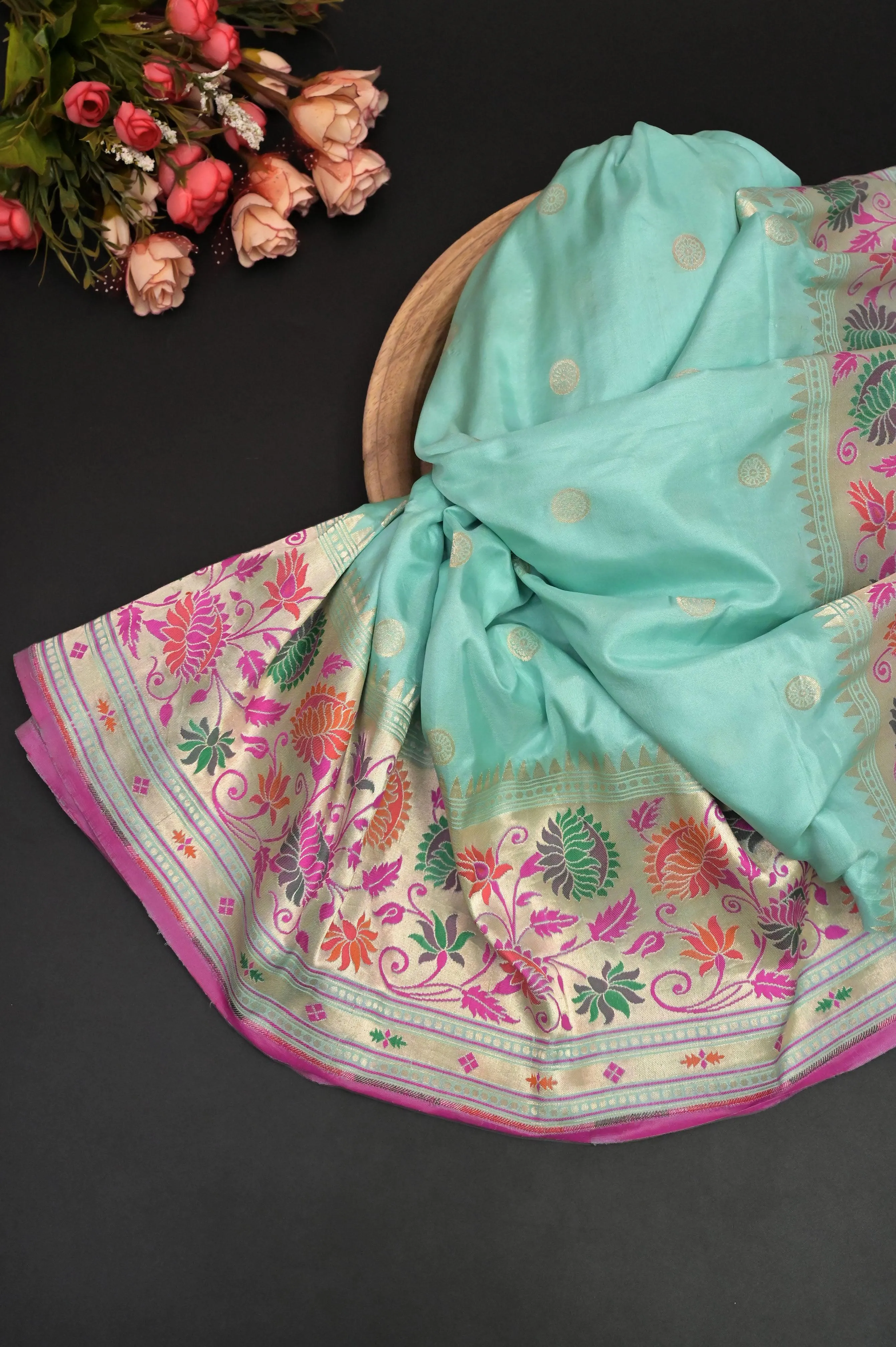 Mint Green Color Pure Katan Banarasi Saree with Meenakari & Paithani Design Border