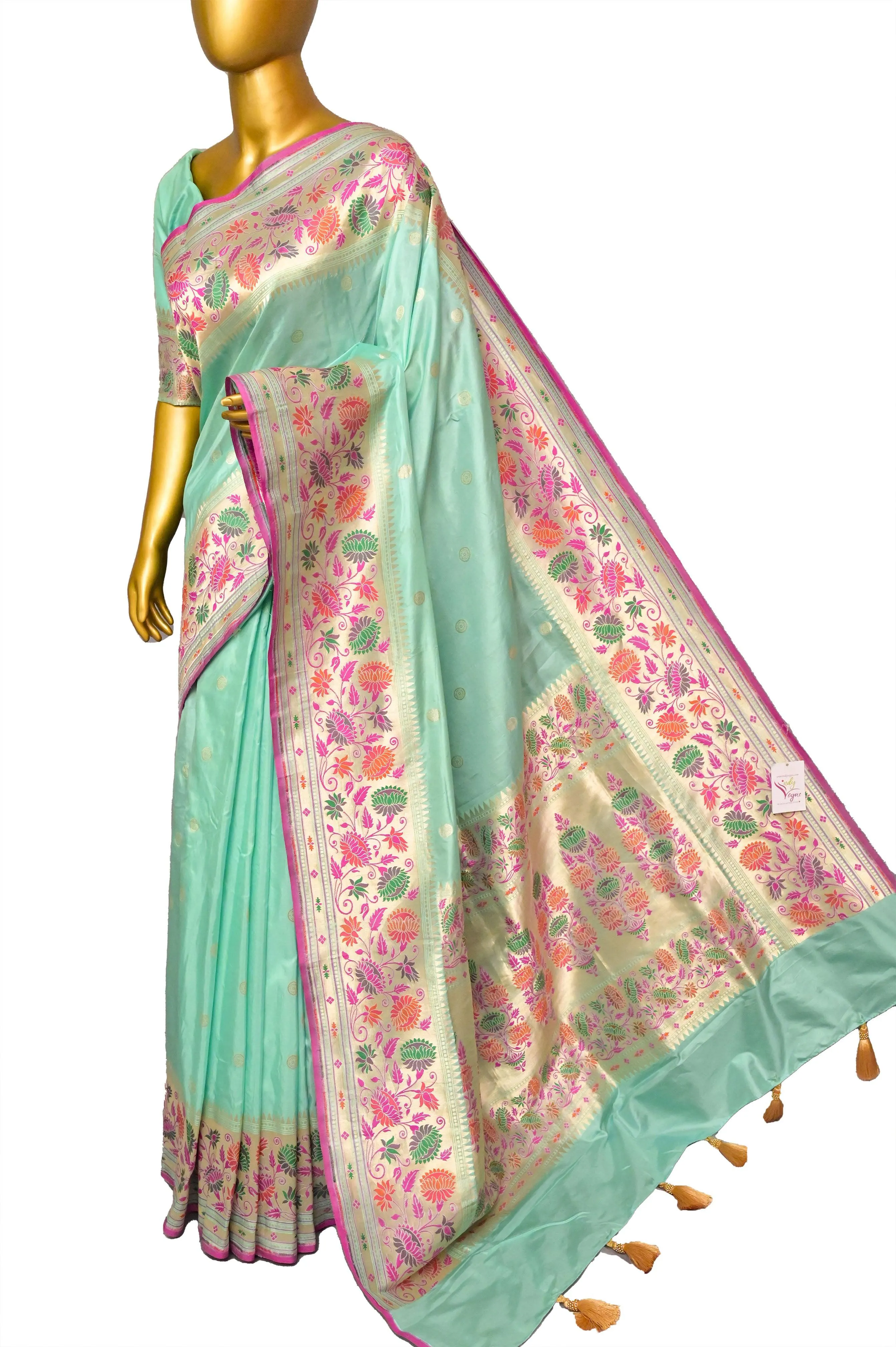 Mint Green Color Pure Katan Banarasi Saree with Meenakari & Paithani Design Border