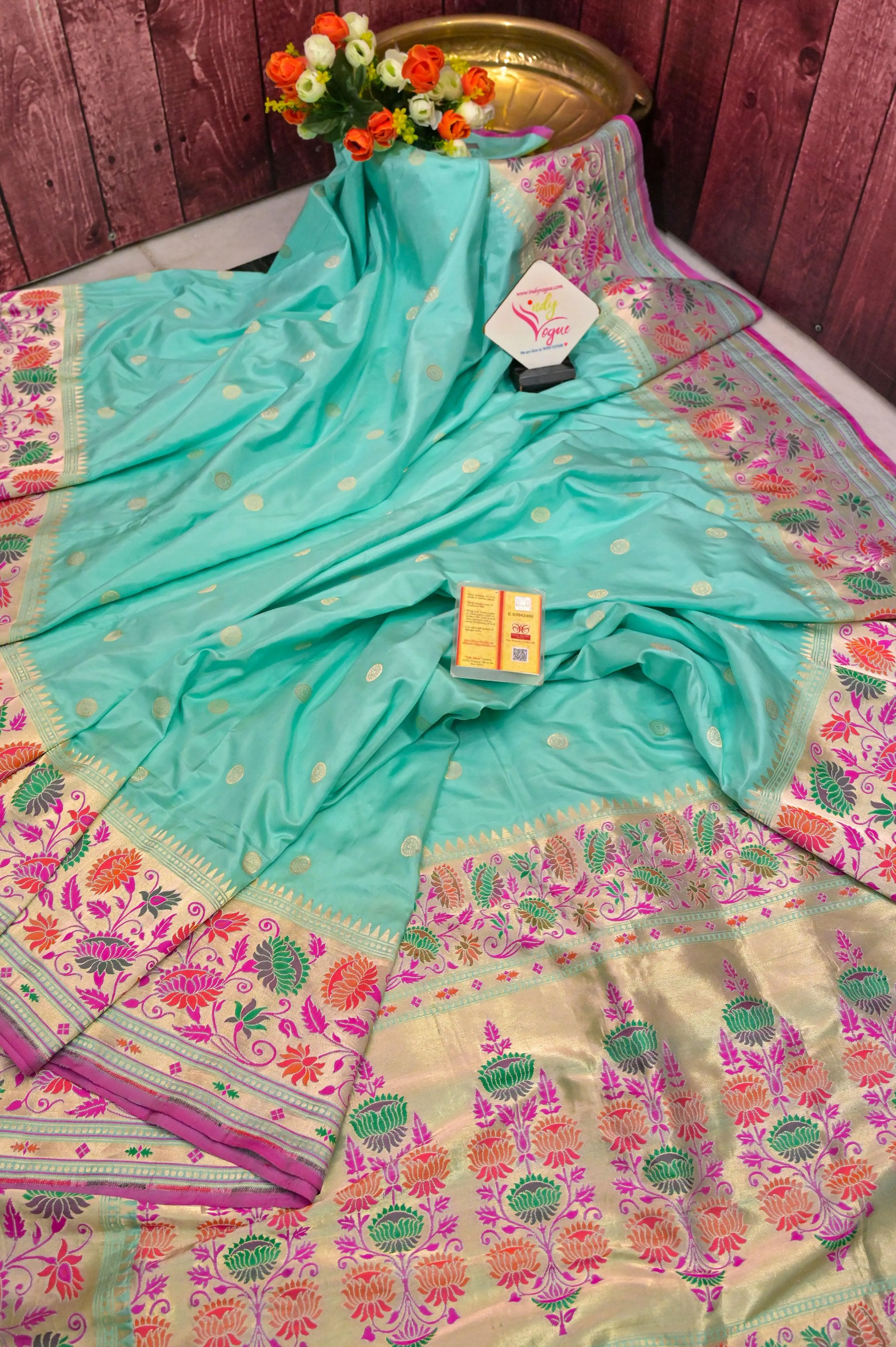 Mint Green Color Pure Katan Banarasi Saree with Meenakari & Paithani Design Border