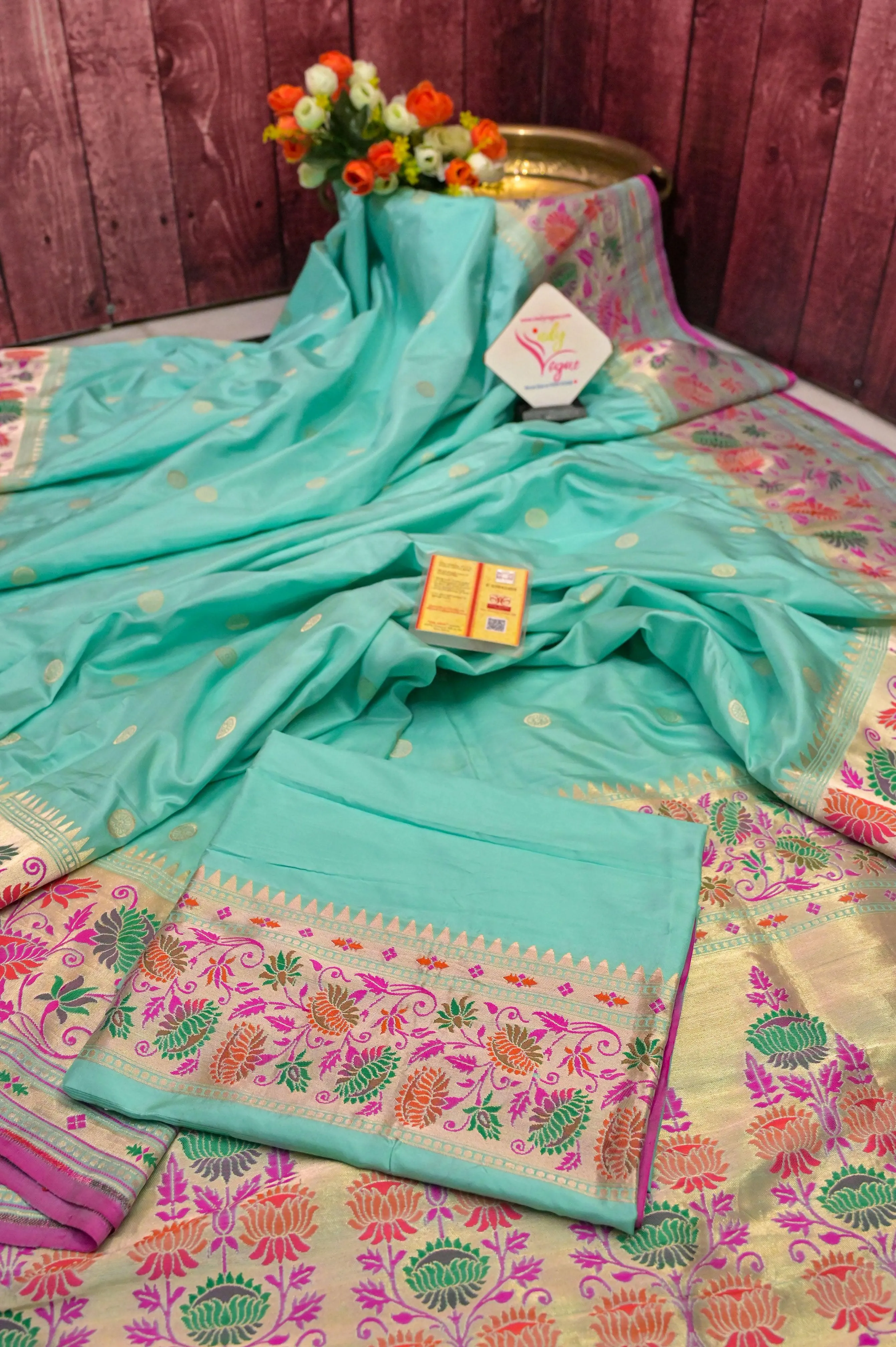 Mint Green Color Pure Katan Banarasi Saree with Meenakari & Paithani Design Border