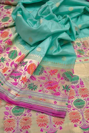 Mint Green Color Pure Katan Banarasi Saree with Meenakari & Paithani Design Border