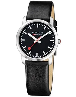 Mondaine Ladies Simply Elegant Watch - Black Leather Strap - Black Dial - 30M WR