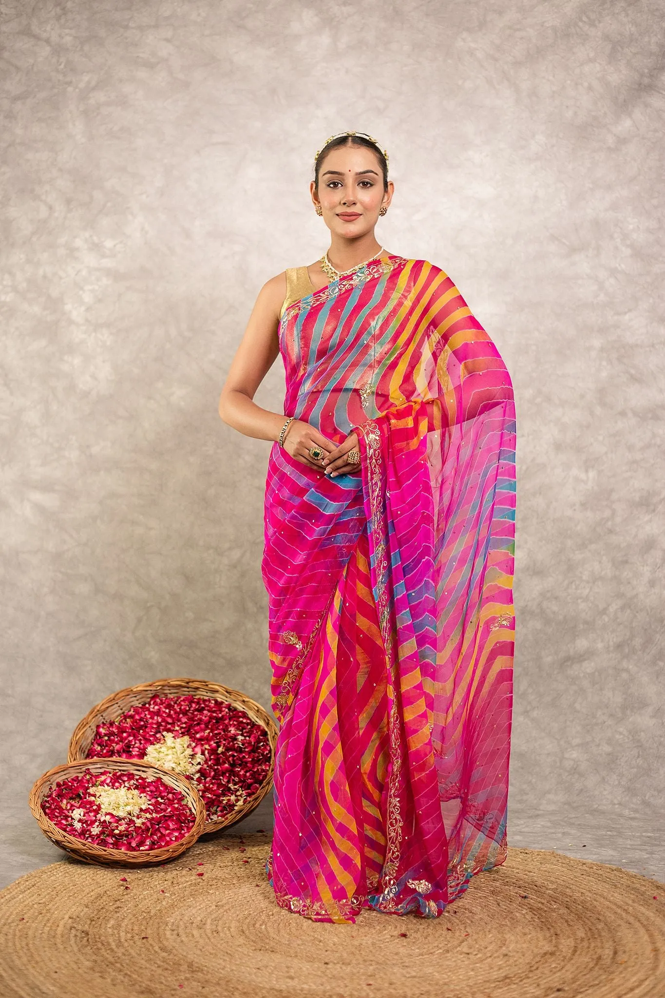 Multi coloured Pure Georgette Lehariya Saree