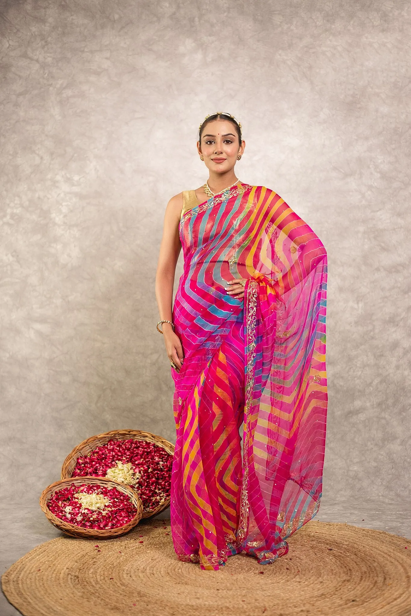 Multi coloured Pure Georgette Lehariya Saree