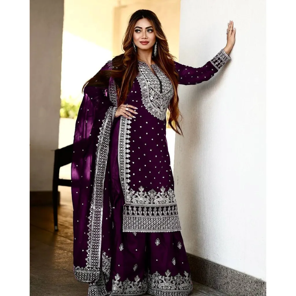 Party wear Heavy Embroidery Sequence Work Women's Top Gharara And Dupatta Suit