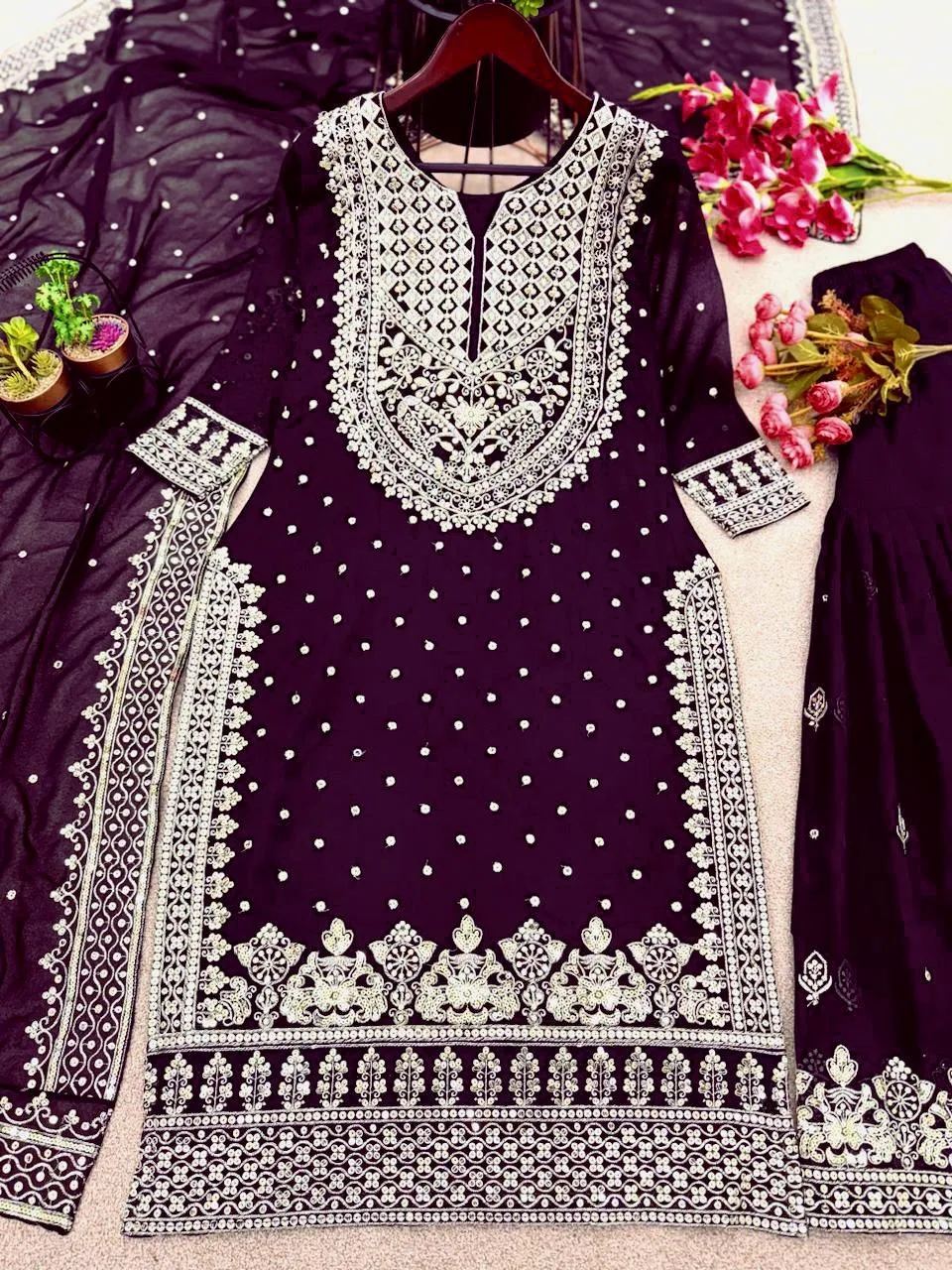 Party wear Heavy Embroidery Sequence Work Women's Top Gharara And Dupatta Suit