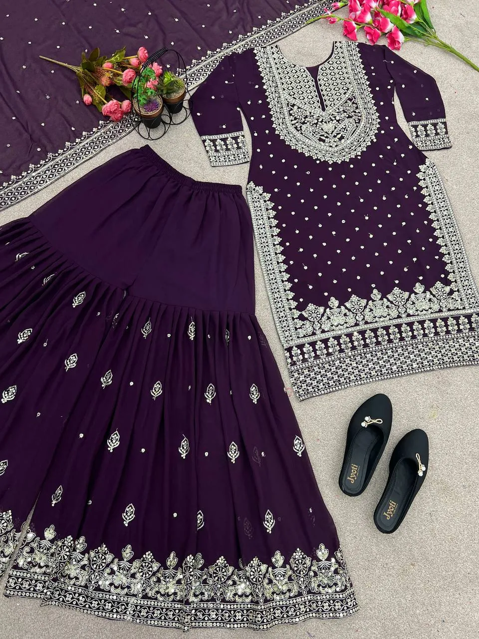 Party wear Heavy Embroidery Sequence Work Women's Top Gharara And Dupatta Suit