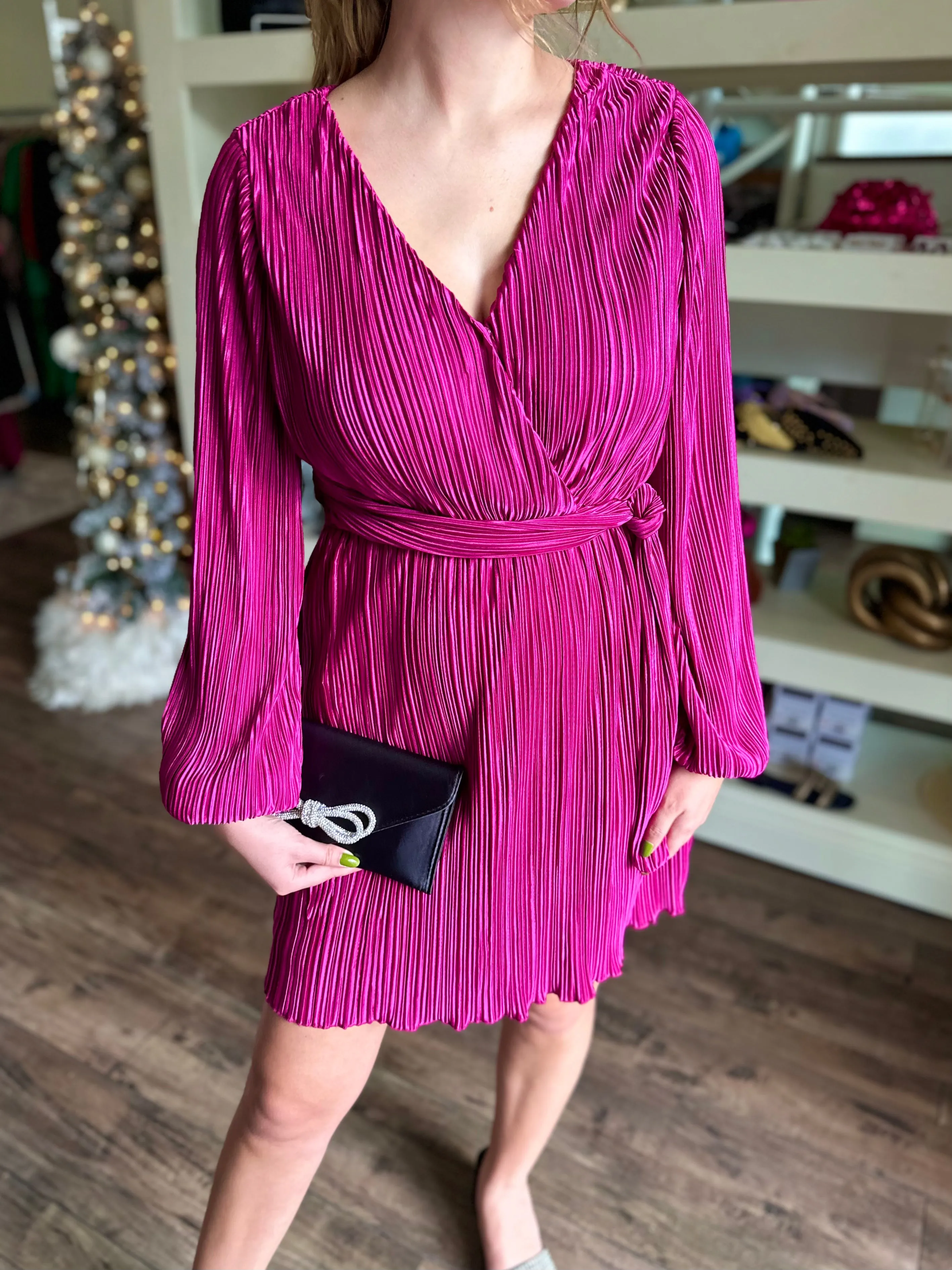 Pleated Faux Wrap Dress