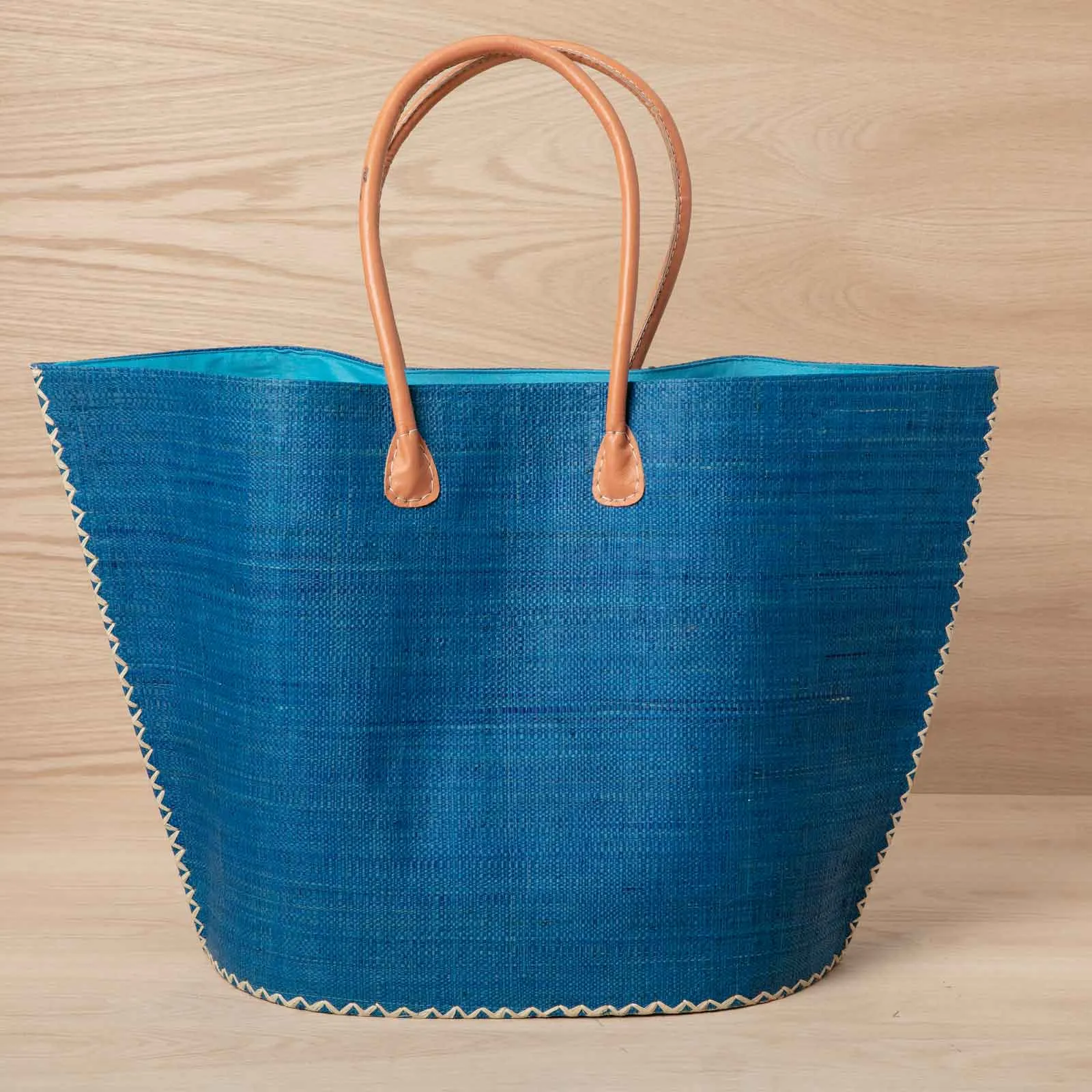 Raffia Turquoise Tote with Leather Handle