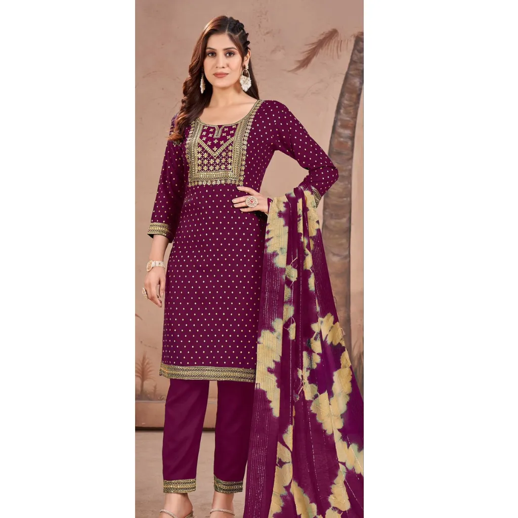 Rayon Embroidery Sequence Party Wear Women's Kurta Suit Wine