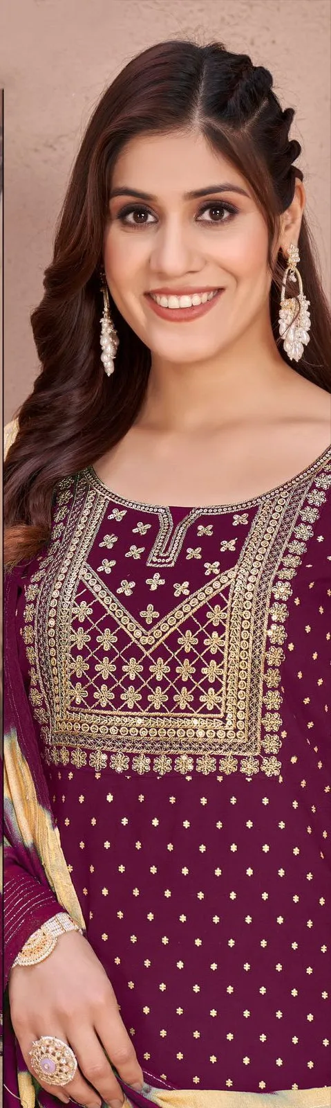 Rayon Embroidery Sequence Party Wear Women's Kurta Suit Wine