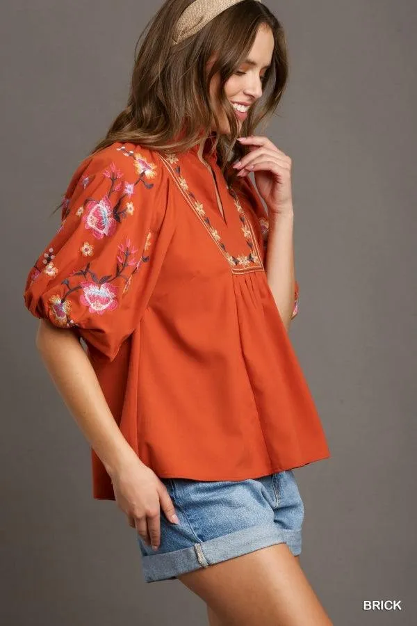 Ruffle Neck Embroidered Blouse