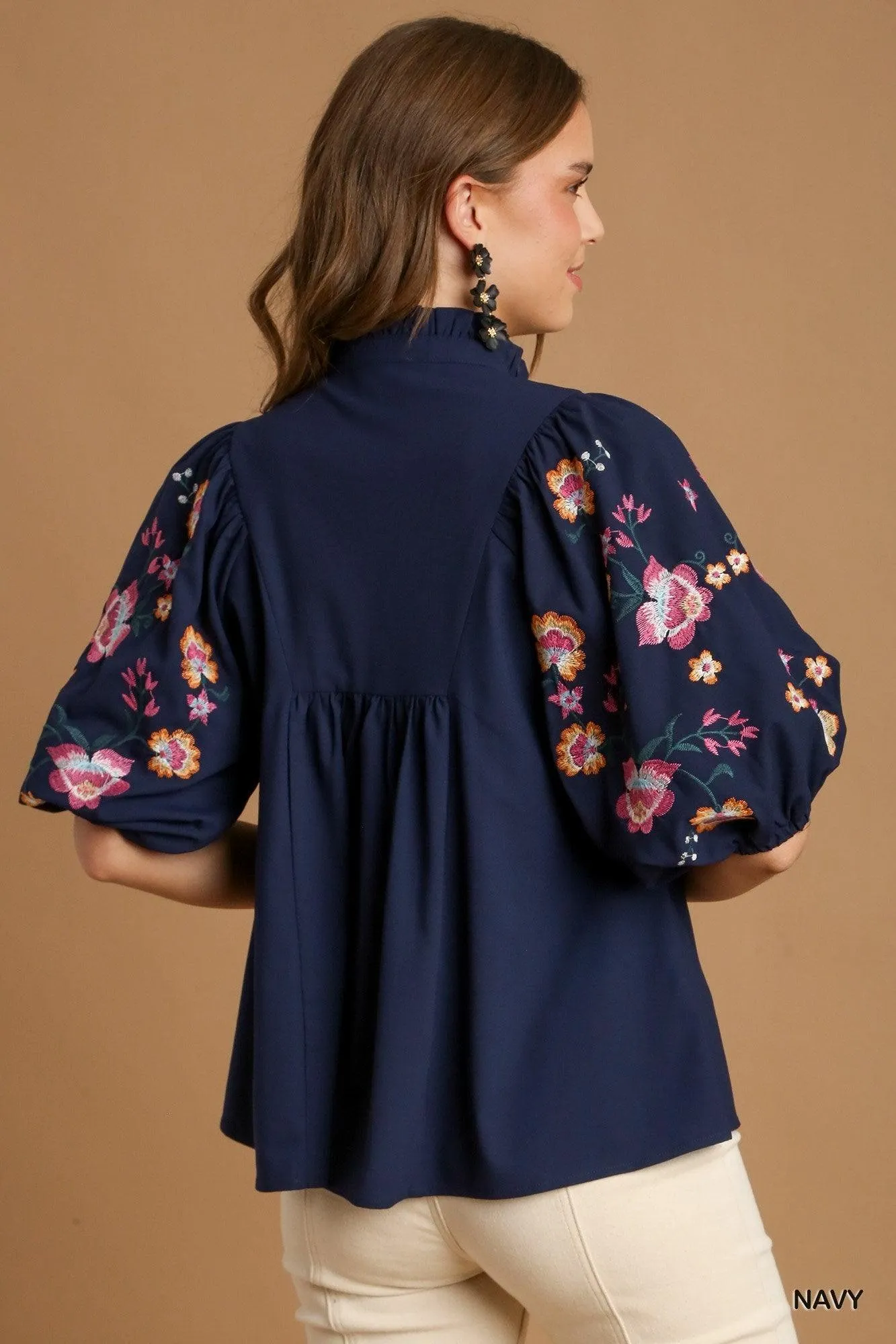 Ruffle Neck Embroidered Blouse