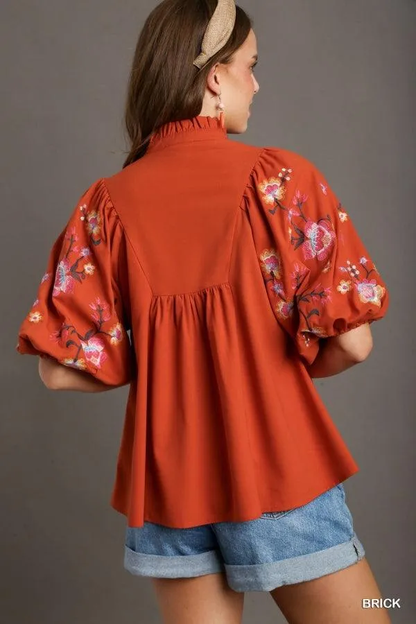 Ruffle Neck Embroidered Blouse