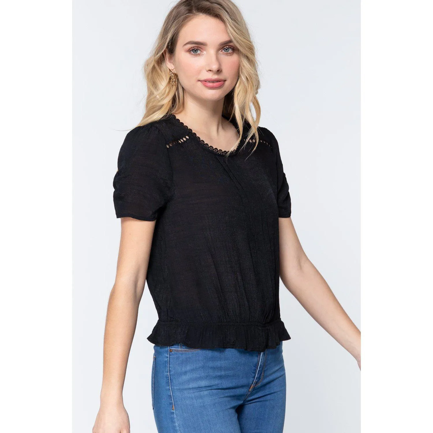 Short Shirring Slv Pleated Woven Top