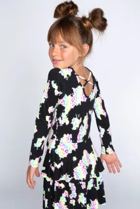 Simply Soft Long Sleeve Ruffle Skirt Dress - Black Rainbow Leopard