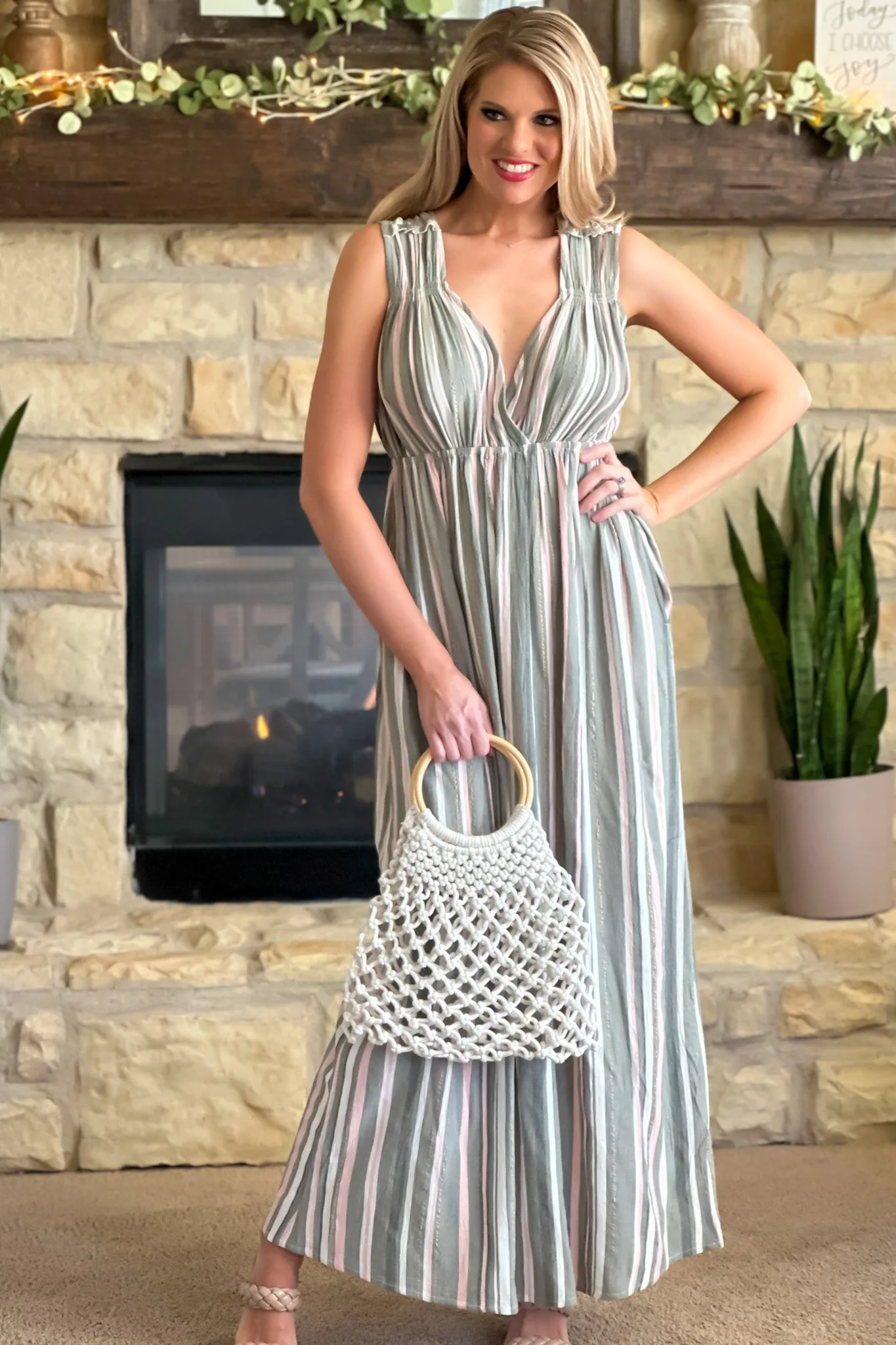 Simply The Best Sleeveless Tie Back Striped Maxi : Grey Green/Pink