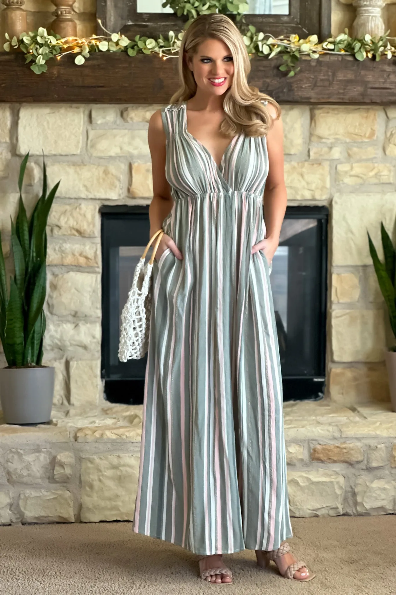 Simply The Best Sleeveless Tie Back Striped Maxi : Grey Green/Pink