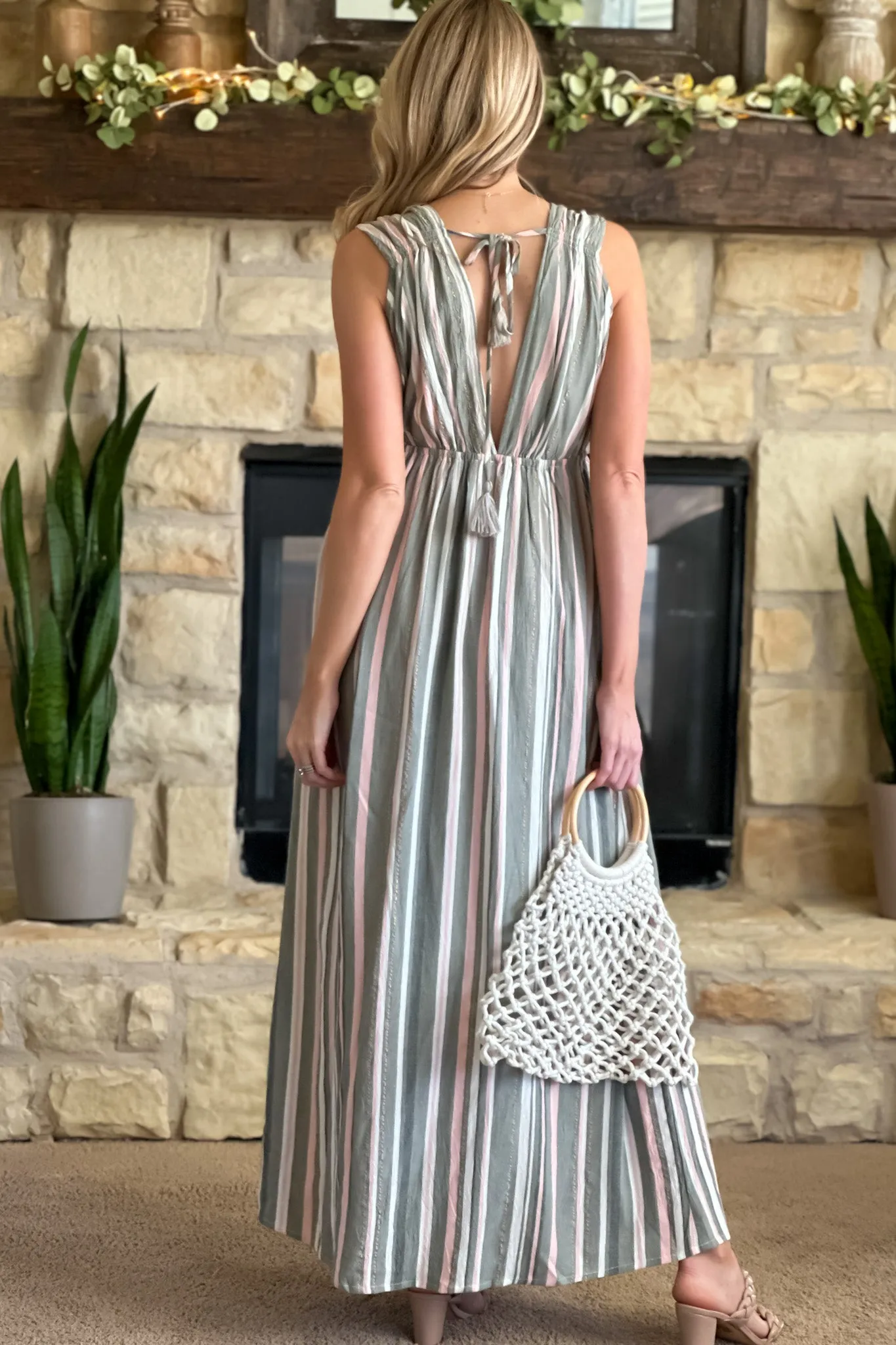 Simply The Best Sleeveless Tie Back Striped Maxi : Grey Green/Pink