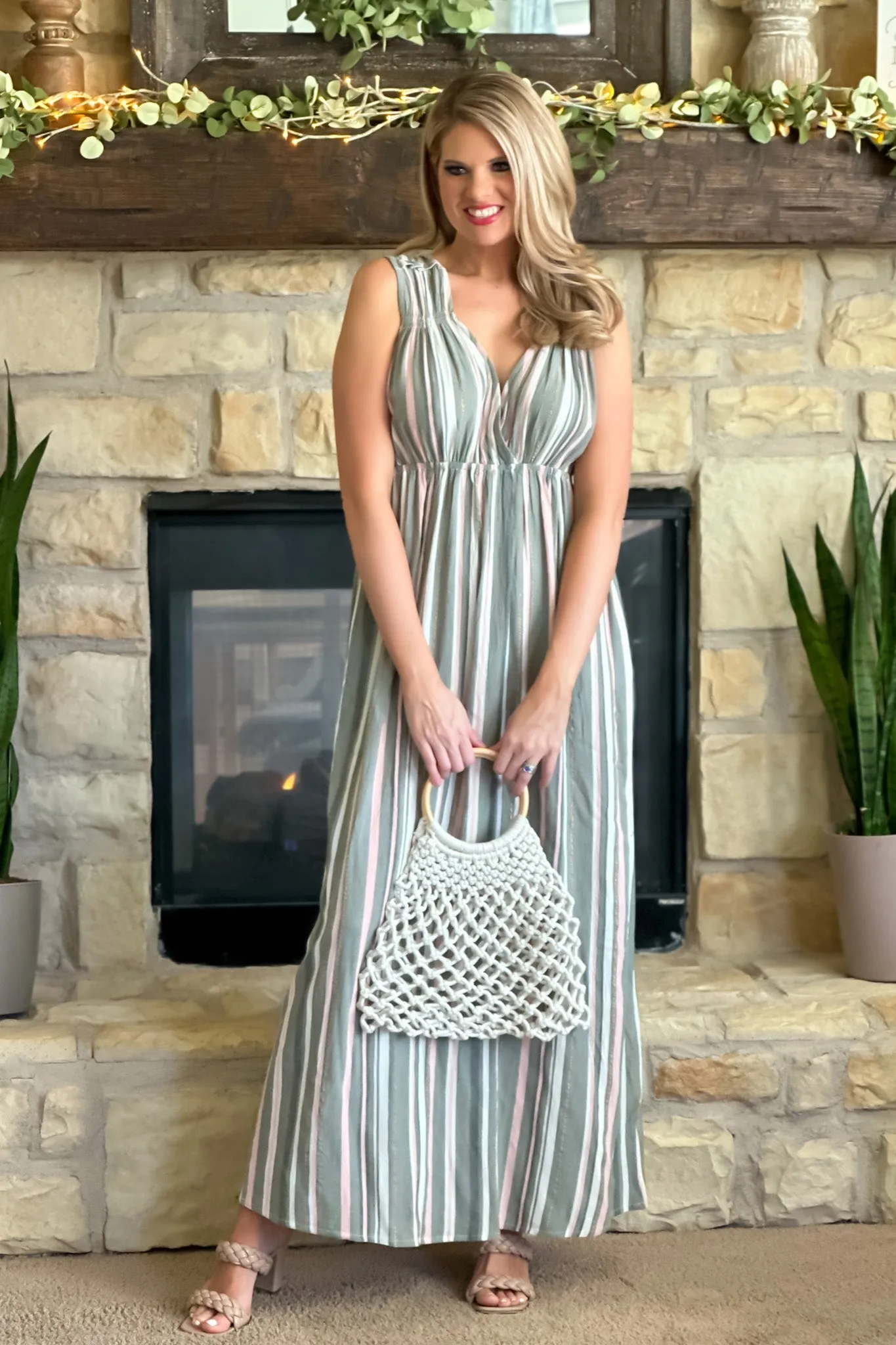 Simply The Best Sleeveless Tie Back Striped Maxi : Grey Green/Pink