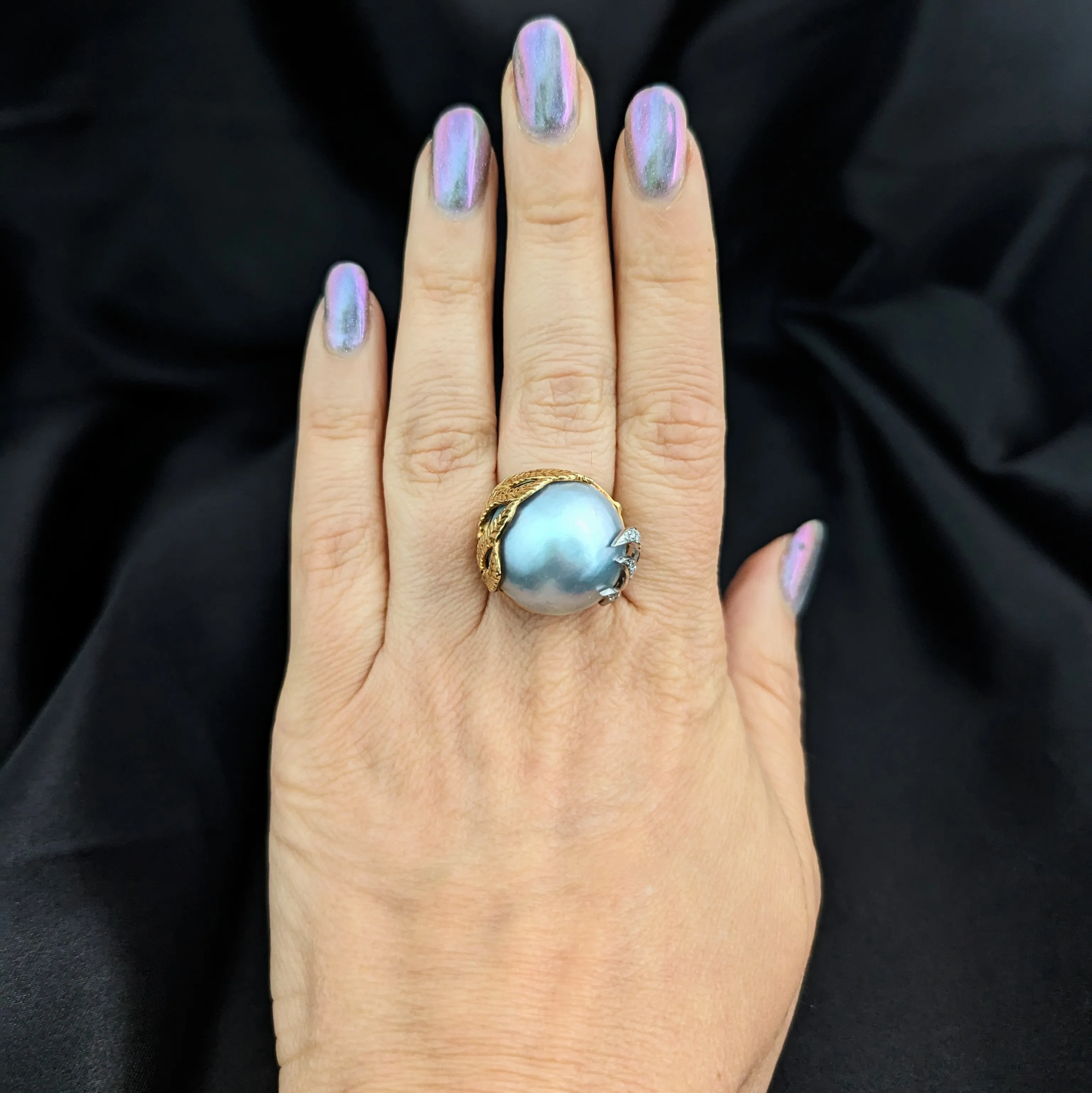 The Locronan - Vintage 20mm Blue Mabe Pearl Diamonds 18k Gold Cocktail Ring