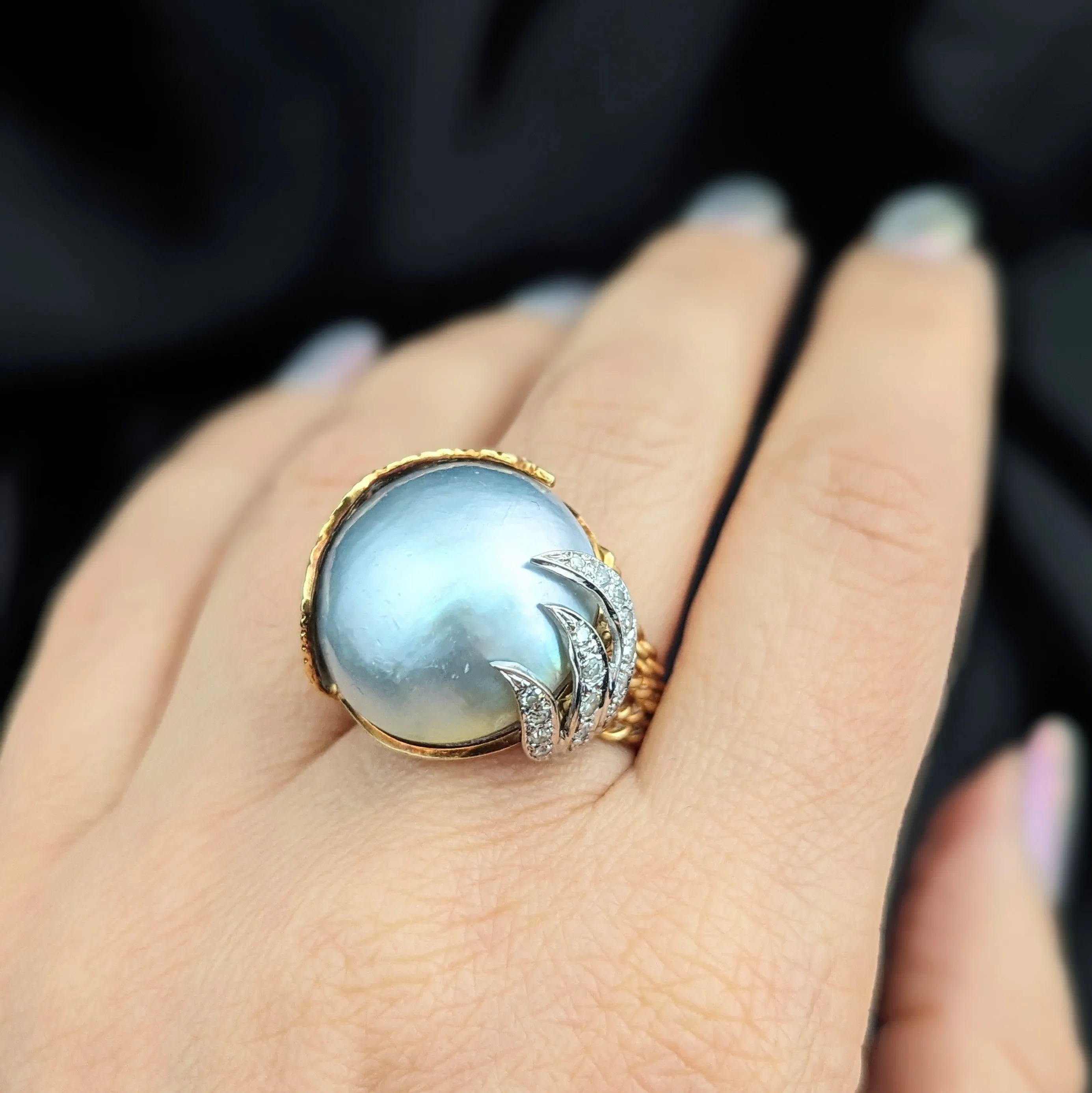 The Locronan - Vintage 20mm Blue Mabe Pearl Diamonds 18k Gold Cocktail Ring